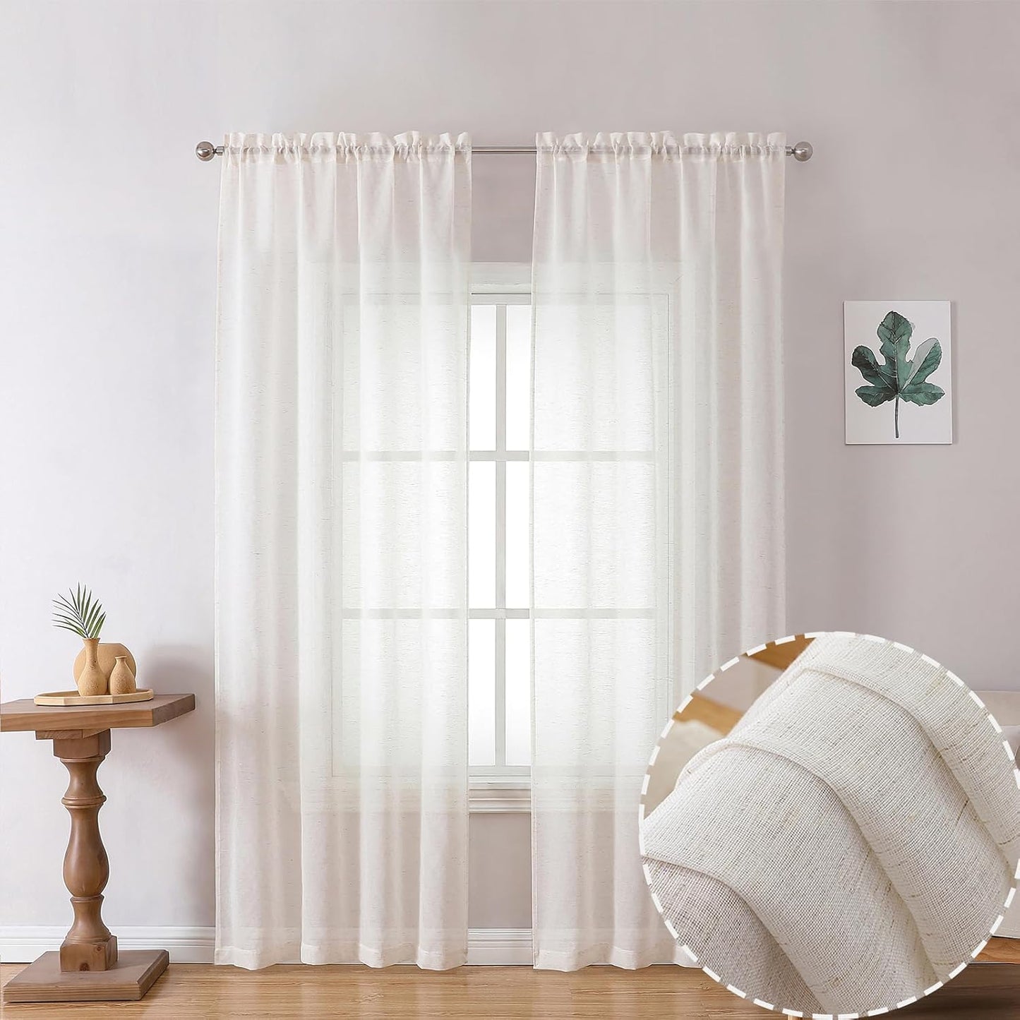 Linen Blend Sheer Curtains 84 inches Long 2 Panels Set for Bedroom, Natural Linen Light Filtering Semi Sheer Cutain for Living Room Rod Pocket Drapes, 2pcs, Each 40 W x 84 L