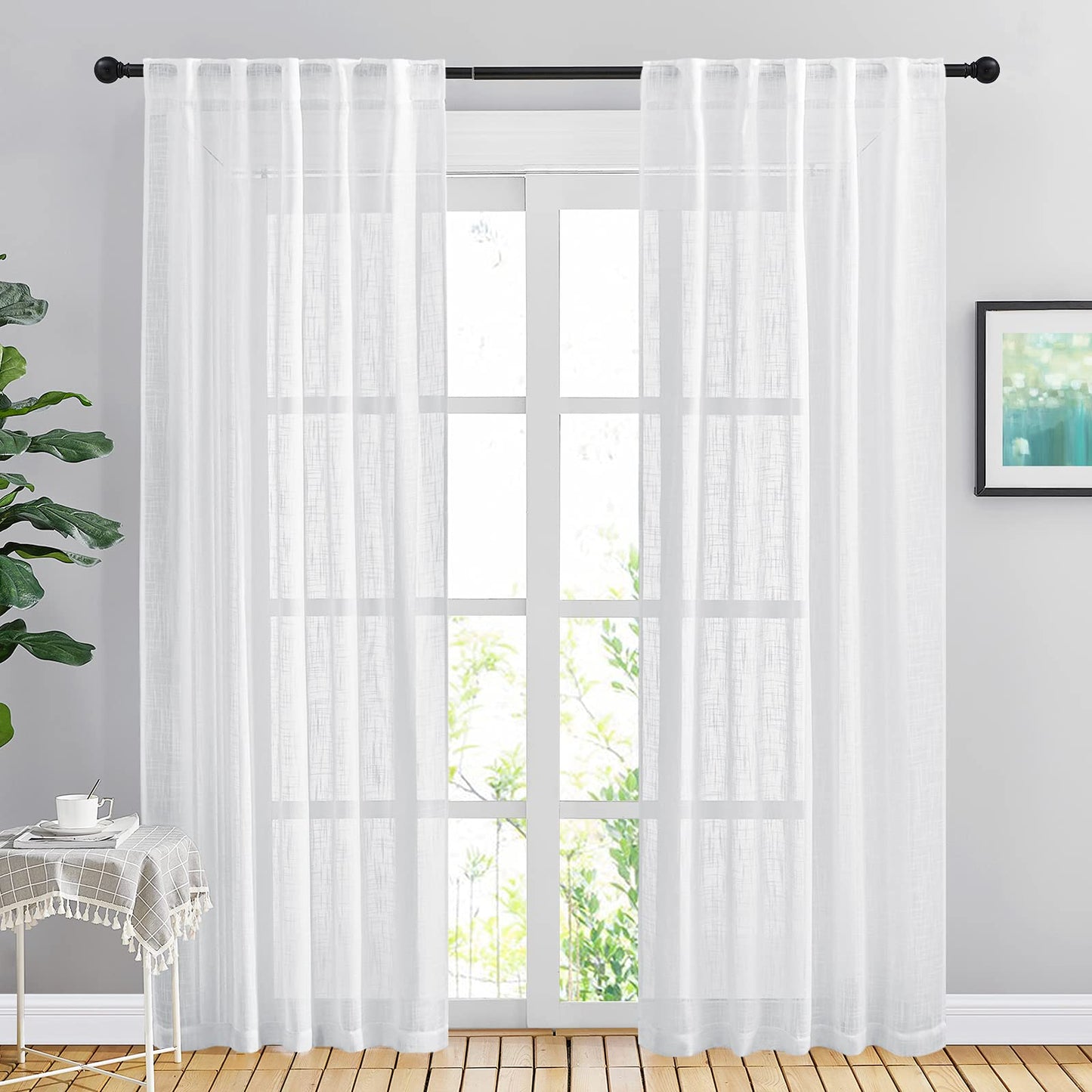 NICETOWN White Linen Sheer Curtains and Drapes 84 inches Long, Rod Pocket & Back Tab semitransparent with Light Through Vertical Window Treatments for Sliding Glass Door & Living Room, 52"W, Set of 2