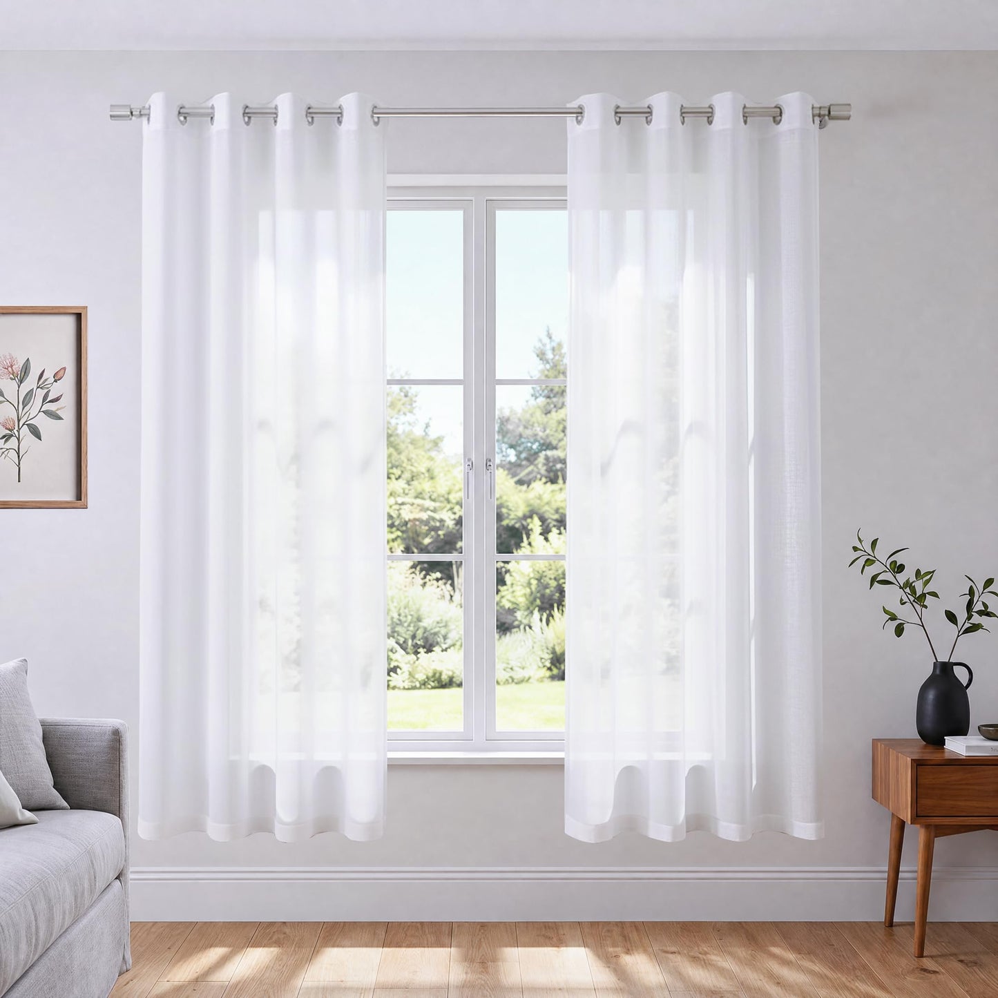 White Sheer Curtains 84 Inches Long Set 2 Panels Grommet Pair Faux Linen Semi Transparent Drape Tulle Gauze Voile Window Sheer Curtains for Bedroom Living Room Dining Wide 52 Length Solid Pack