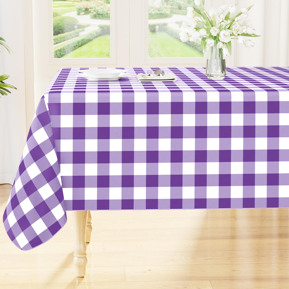 Smiry Picnic Table Cloth, Vinyl Tablecloths with Flannel Backing, 60"x84" | Waterproof Rectangle Table Cloth, Wipeable Buffalo Plaid Table Cover for Indoor and Outdoor (Khaki & White)