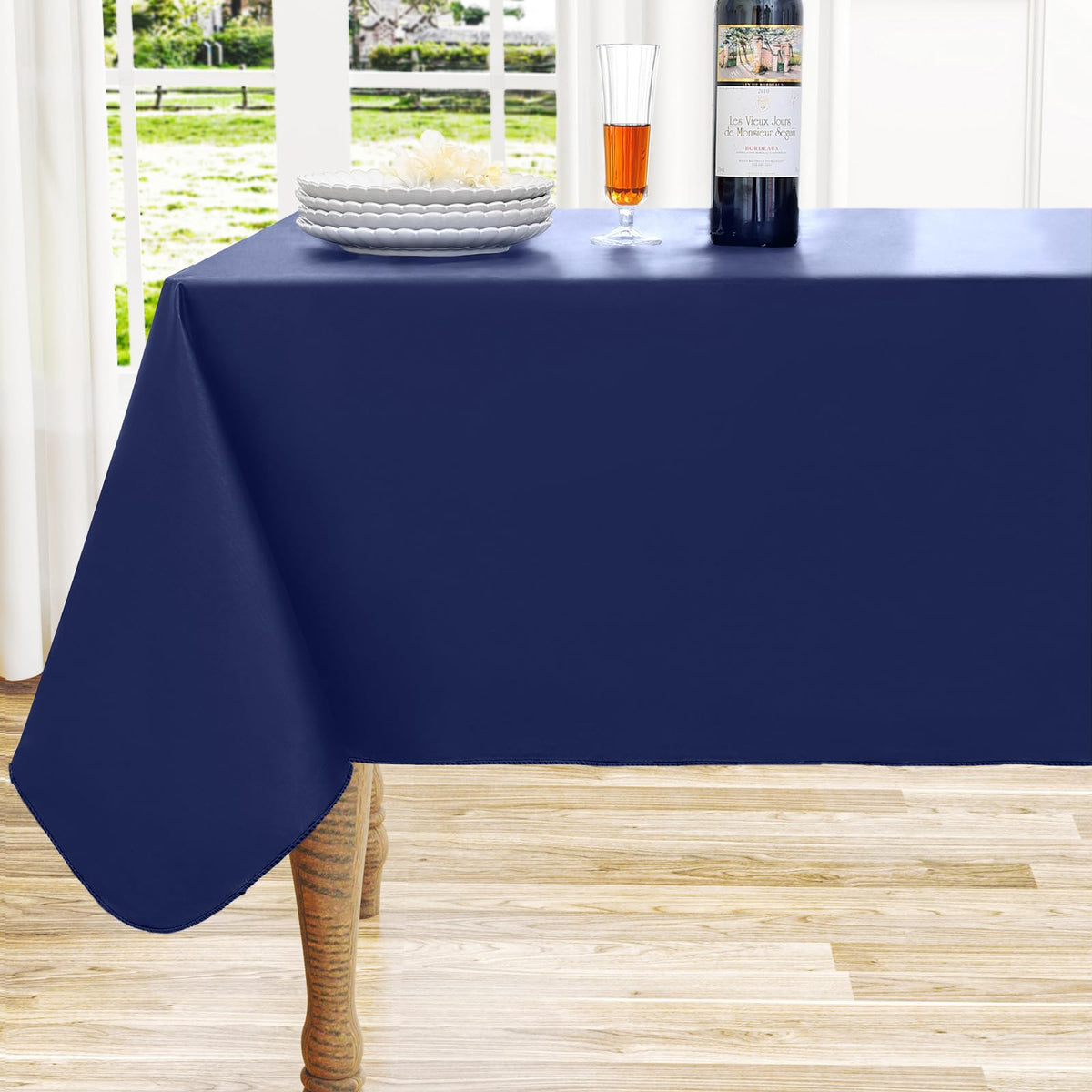Round Navy Blue Vinyl Waterproof Tablecloth with Flannel Backed | Spillproof Wipe Clean Table Cloth, Plastic Flannel Backing for Dining, Buffet Parties Picnic Camping, 60"