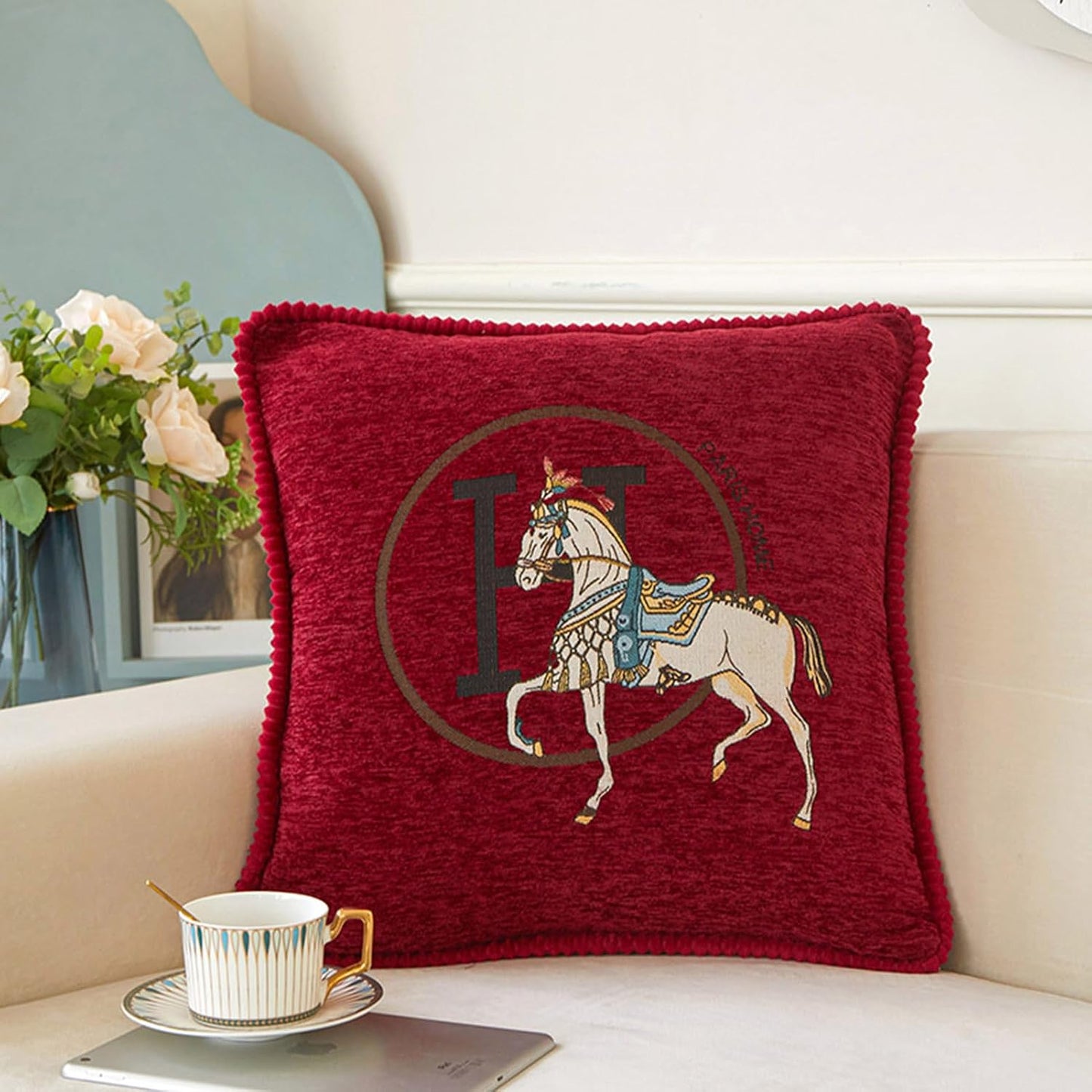 Croker Horse New Version 18x18 inches Throw Pillow Cushion Covers Set 2 Pack - Luxury Horse Jacquard Embroidery with Lace Trim Decorative Cover for Couch, Sofa, Living Room Bedroom (Red)