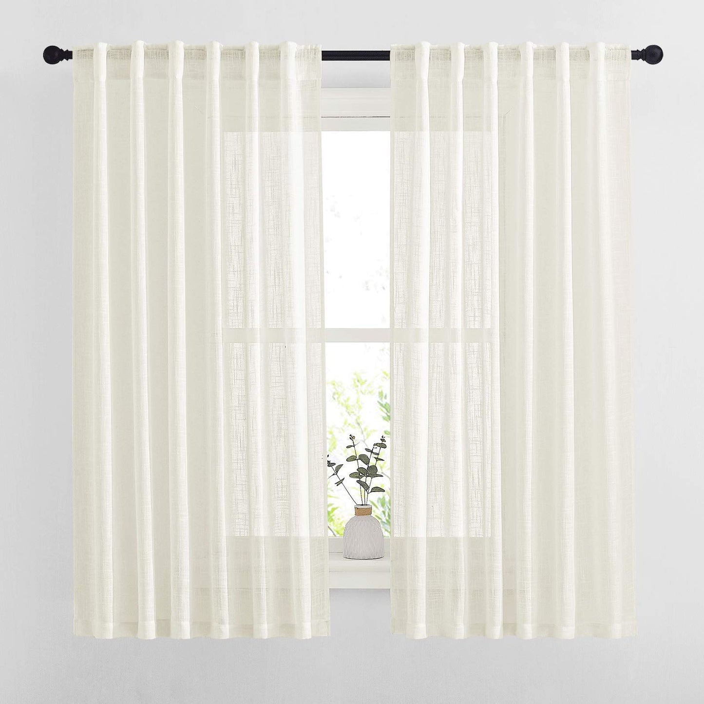 NICETOWN White Linen Sheer Curtains and Drapes 84 inches Long, Rod Pocket & Back Tab semitransparent with Light Through Vertical Window Treatments for Sliding Glass Door & Living Room, 52"W, Set of 2