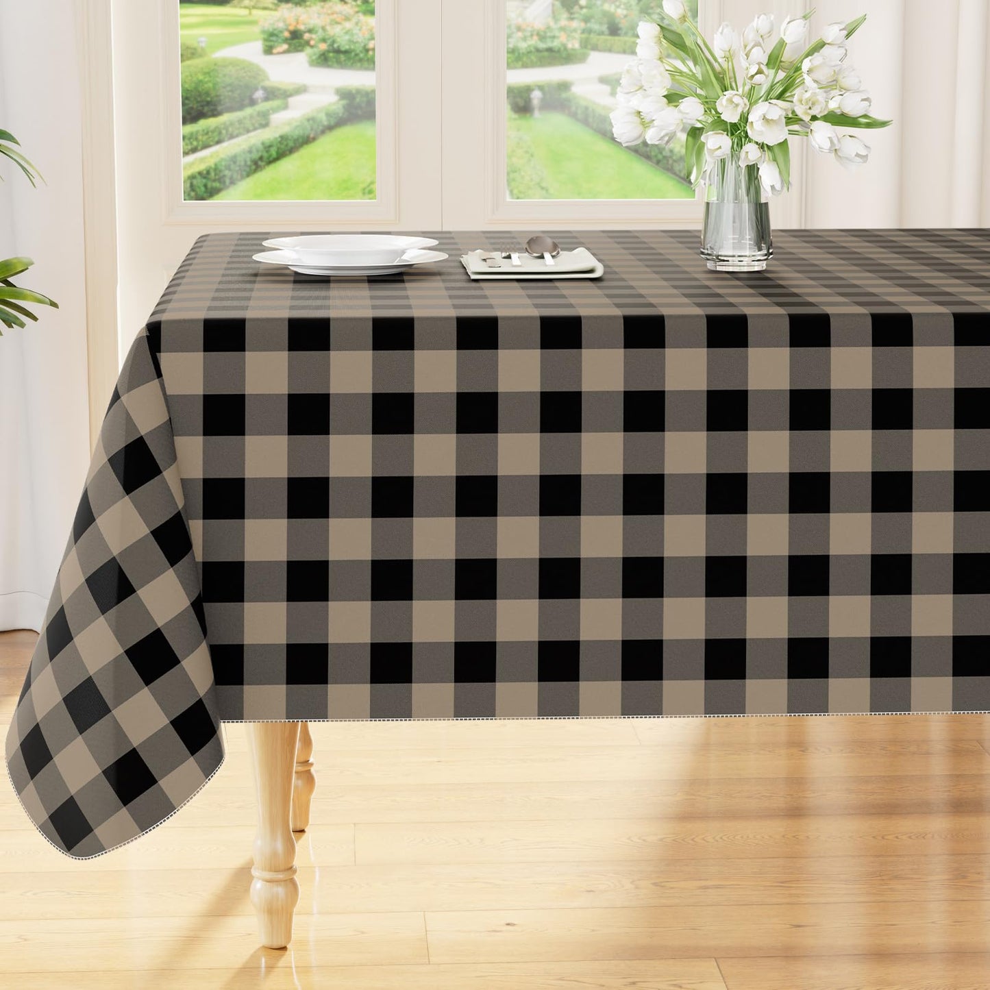 Smiry Picnic Table Cloth, Vinyl Tablecloths with Flannel Backing, 60"x84" | Waterproof Rectangle Table Cloth, Wipeable Buffalo Plaid Table Cover for Indoor and Outdoor (Khaki & White)