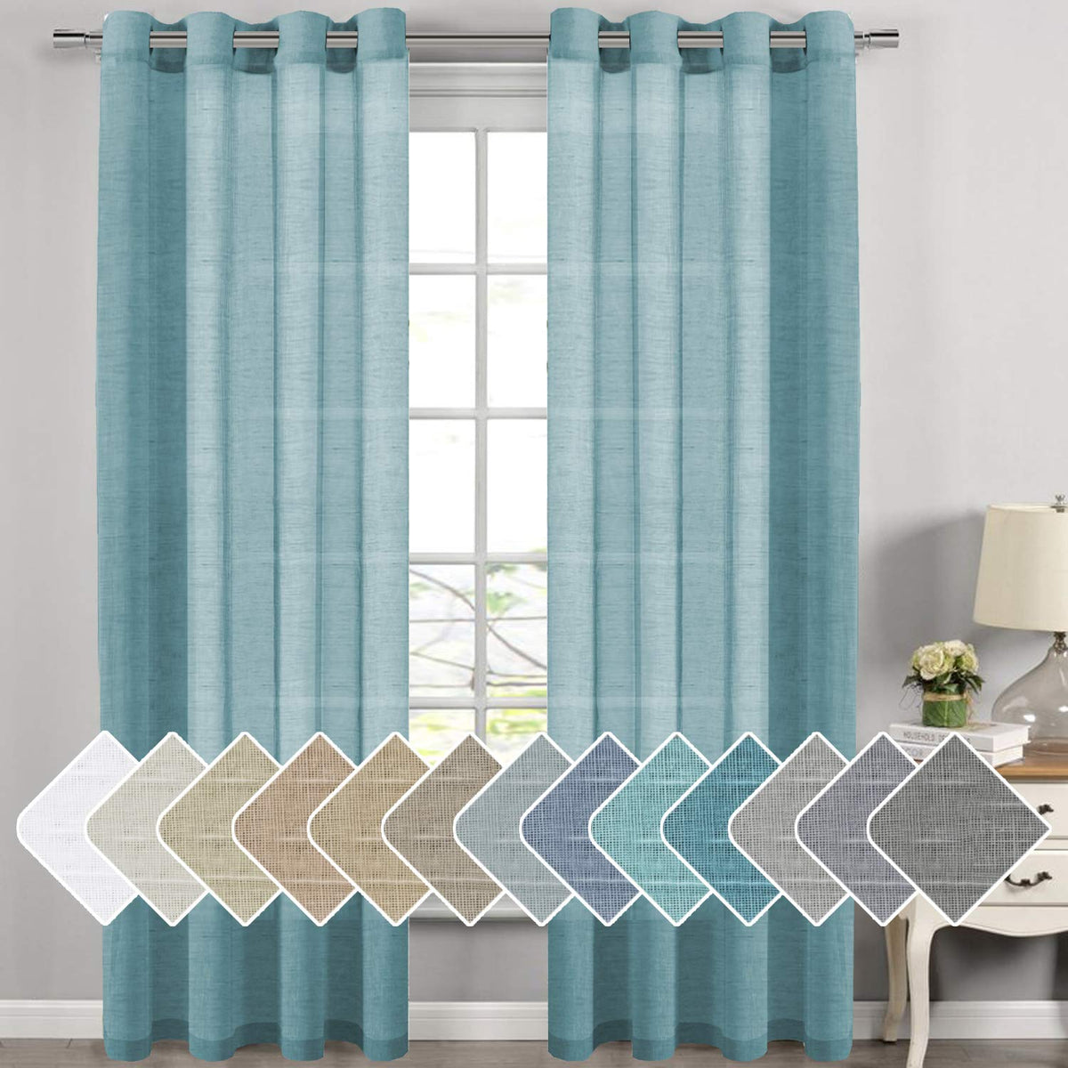 H.VERSAILTEX Natural Linen Sheer Curtains Flax Linen Blended Curtain Panels Living Room, Nickel Grommet Semitransparent Semi-Sheer Soft Privacy Drapes, Natural, 84 inches Long 2 Panels