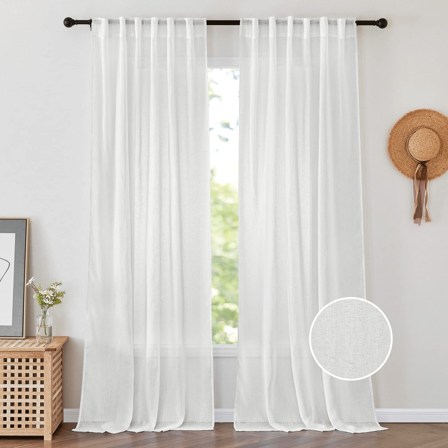 PONY DANCE White Sheer Curtains 96 inches Long, 2 Panels | Floor to Ceiling Curtains Living Room Window Treatments Natural Linen Blended Sheer Drapes for Bedroom, 52 Wide x 96 Long