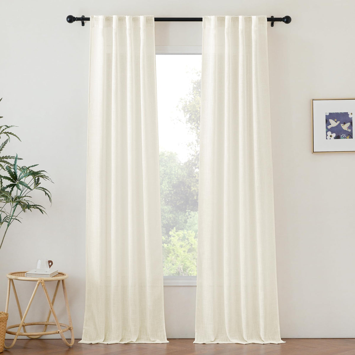 NICETOWN Flax Linen Curtains 84 inch Long, Rod Pocket & Back Tab Semi Sheer Vertical Drapes Privacy Added with Light Filtering for Bedroom/Living Room, Burlap, W52 x L84, 2 Pieces