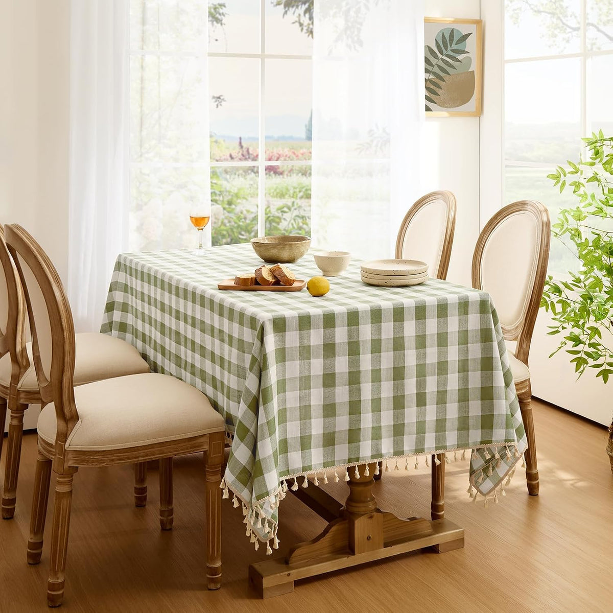 Softalker Outdoor Checkered Tablecloth, Linen Cotton Gingham Table Cloths for 6 Foot Rectangle Tables with Tassel, Heavy Duty Wrinkle Free Plaid Table Cover for Picnic Camping - 55 x 84 Inch, Sage