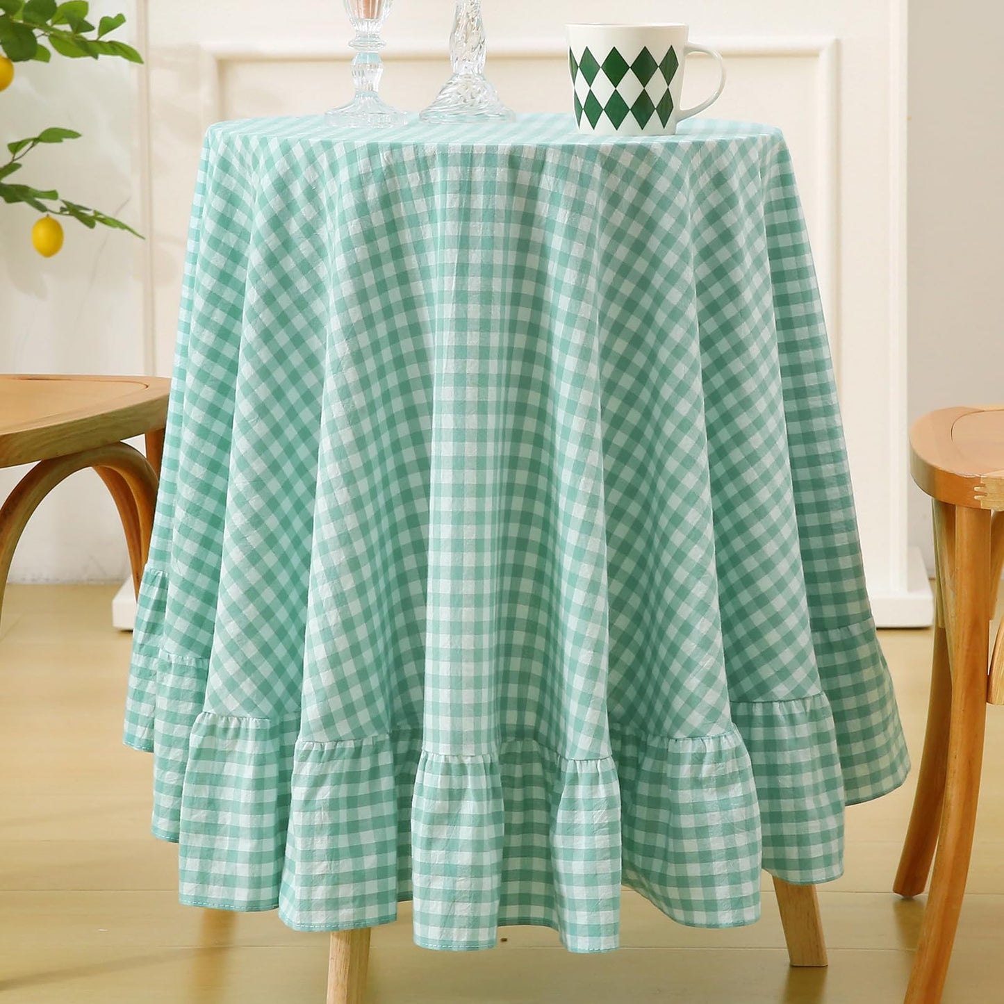 Blush White Gingham Ruffled Table Cloth Rectangular 120“x60” | 100% Washed Cotton, for Seat 8-10, Buffet Picnic Baby Shower Party Tablecloth, Decorative Checker Plaid Farmhouse Table Cover