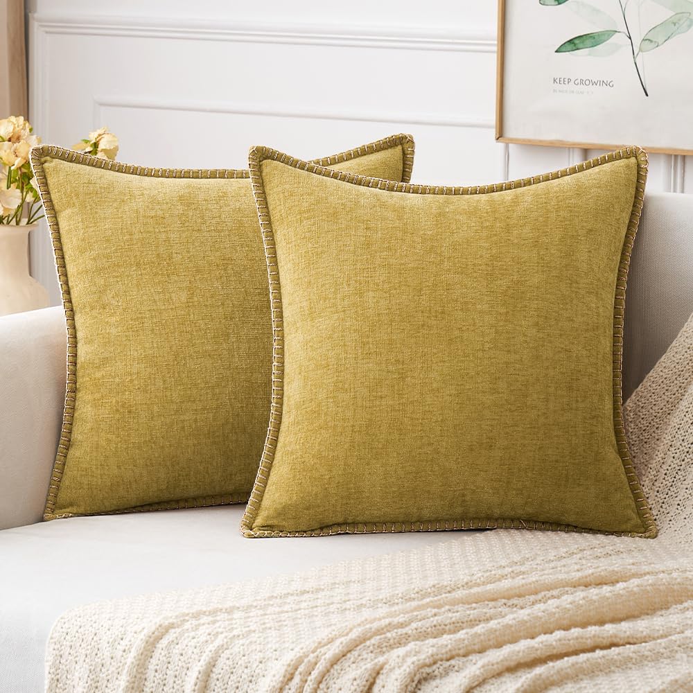 MIULEE Decorative Couch Throw Pillow Covers 18x18 Inch Sage Green 2 Pack | Farmhouse Pillow Covers with Stitched Edge, Soft Chenille Cushion Cases, for Sofa Bed Living Room Home Decor