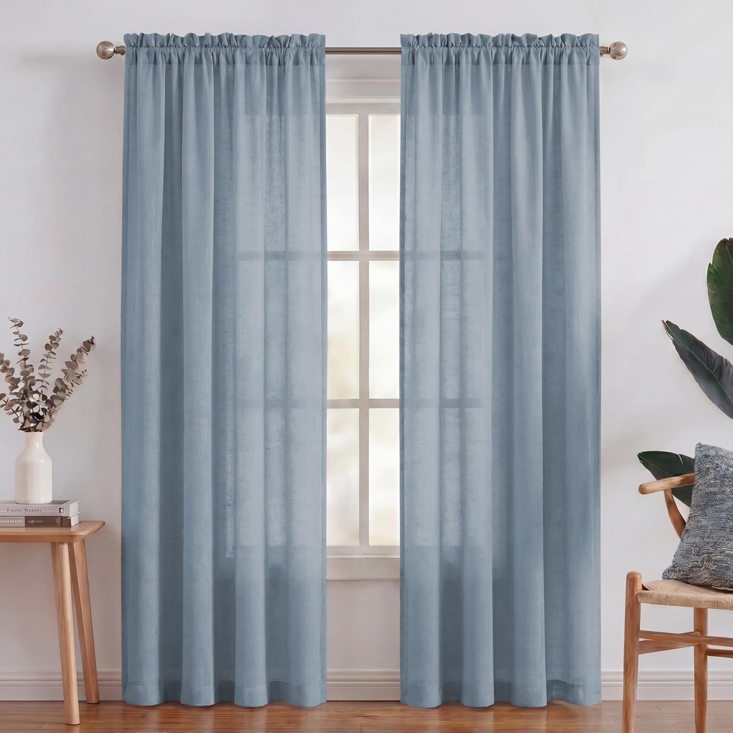 Turquoize White Linen Curtains 96 Inches Long Semi Sheer Curtains Light Filtering Linen Drapes for Living Room/Bedroom 2 Panels Set Rod Pocket Window Treatments Panels,W52 x L96, White