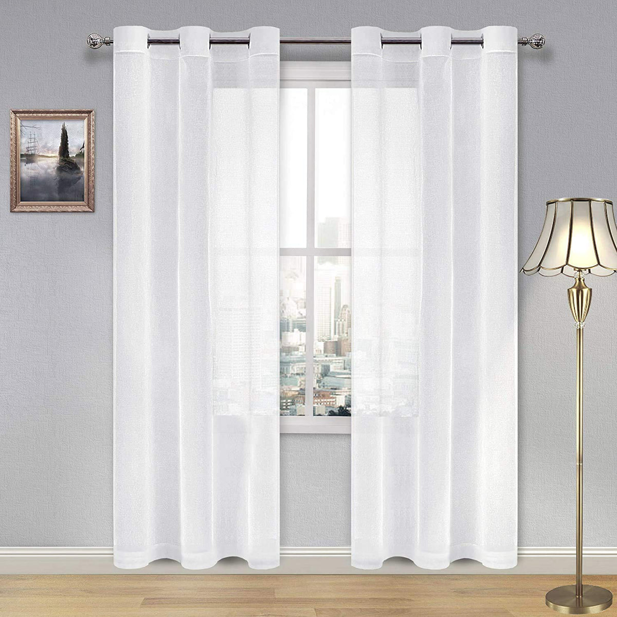 DWCN White Sheer Curtains Linen Look Semi Transparent Voile Grommet White Curtains for Living Dining Room Drapes 52 x 84 Inch Long, Set of 2 Panels