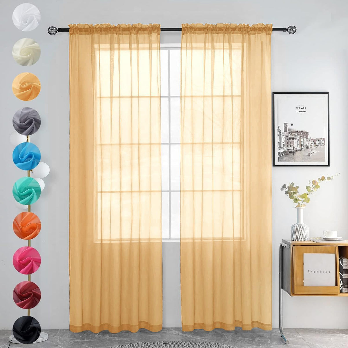 youleyar Solid Sheer Rod Pocket Curtain Voile Draperies 2 Panels White Beige Black Grey Coffee 52 Inch Width 84 Inch Long 1 Pair for Kitchen Bedroom Children Living Room Yard (Ivory,52W ｘ 84L)