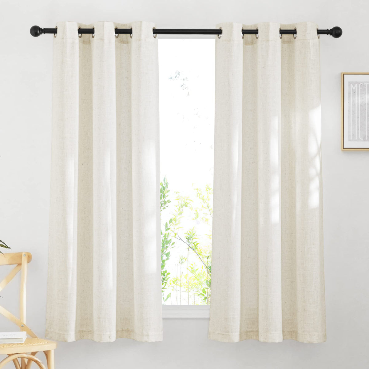 NICETOWN White Sheer Linen Curtains for Living Room 84 inch Length 2 Panels Set, Grommet Semi Sheer Privacy with Light Filtering Flax Window Treatments for Bedroom, W52 x L84