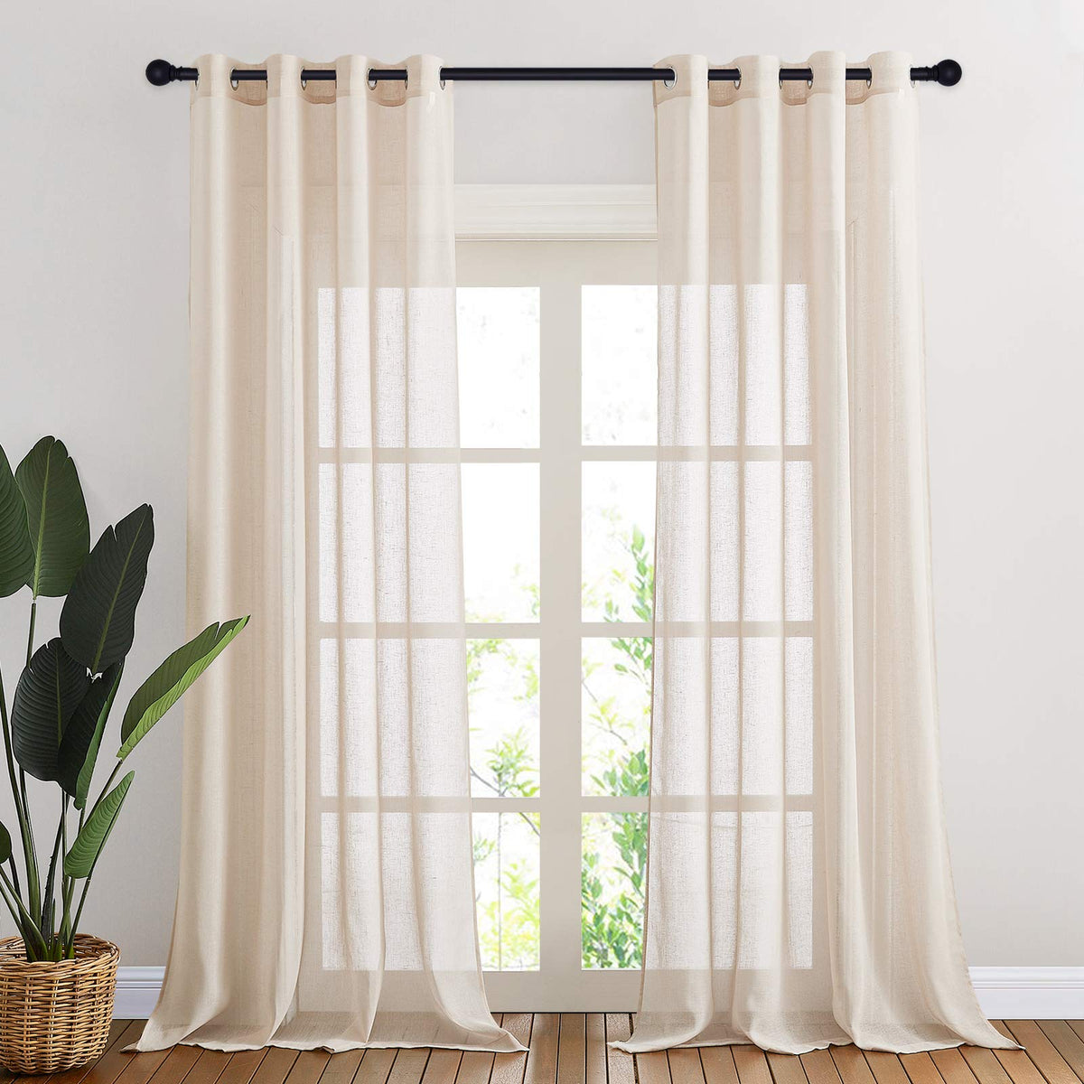 NICETOWN White Sheer Linen Curtains for Living Room 84 inch Length 2 Panels Set, Grommet Semi Sheer Privacy with Light Filtering Flax Window Treatments for Bedroom, W52 x L84