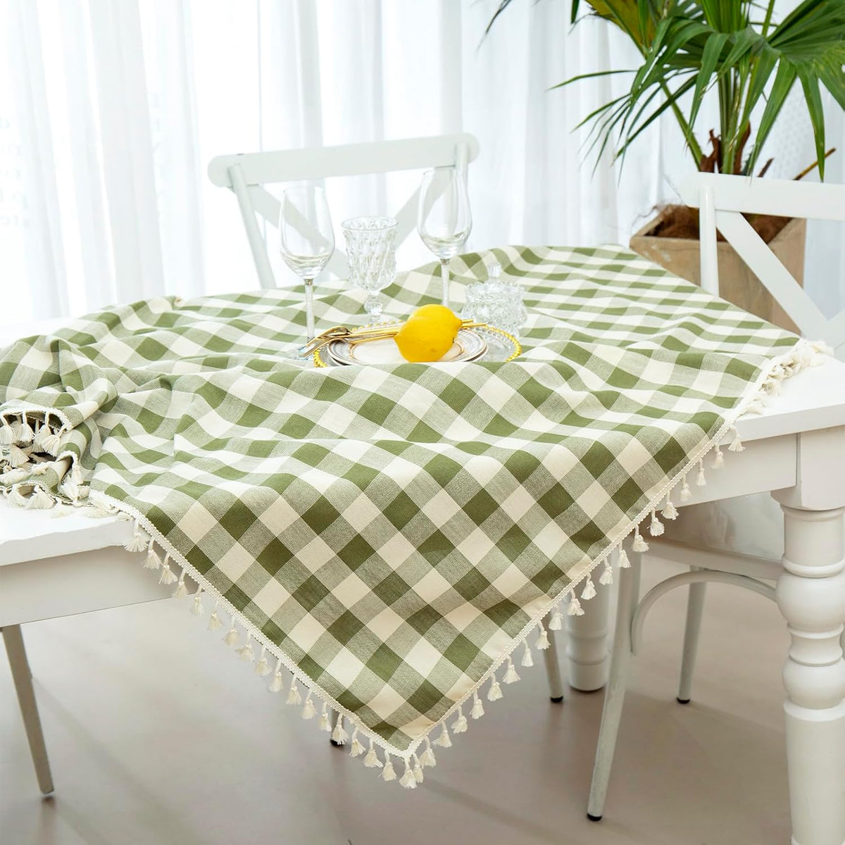 Midsummer Breeze Country Garden Green Gingham Tablecloth Rectangle 55”x84” | tassel, spring, easter, summer, picnic, outdoor, checkered, fresh, camping, Christmas, washable, wrinkle free, reusable