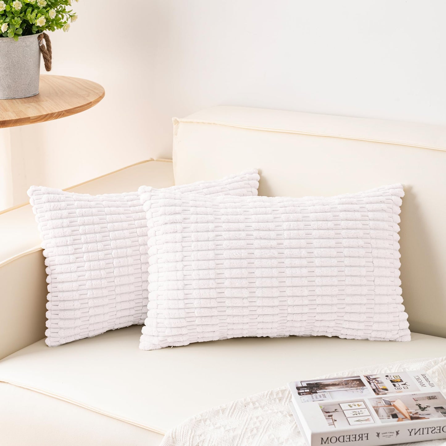 Pack of 2 Corduroy Decorative Throw Pillow Covers 18x18 Inch, Cream White | Fall Soft Striped Pillow Covers Modern Farmhouse Home Decor Christmas Throw Pillow Covers for Sofa Living Room Couch Bed ﻿