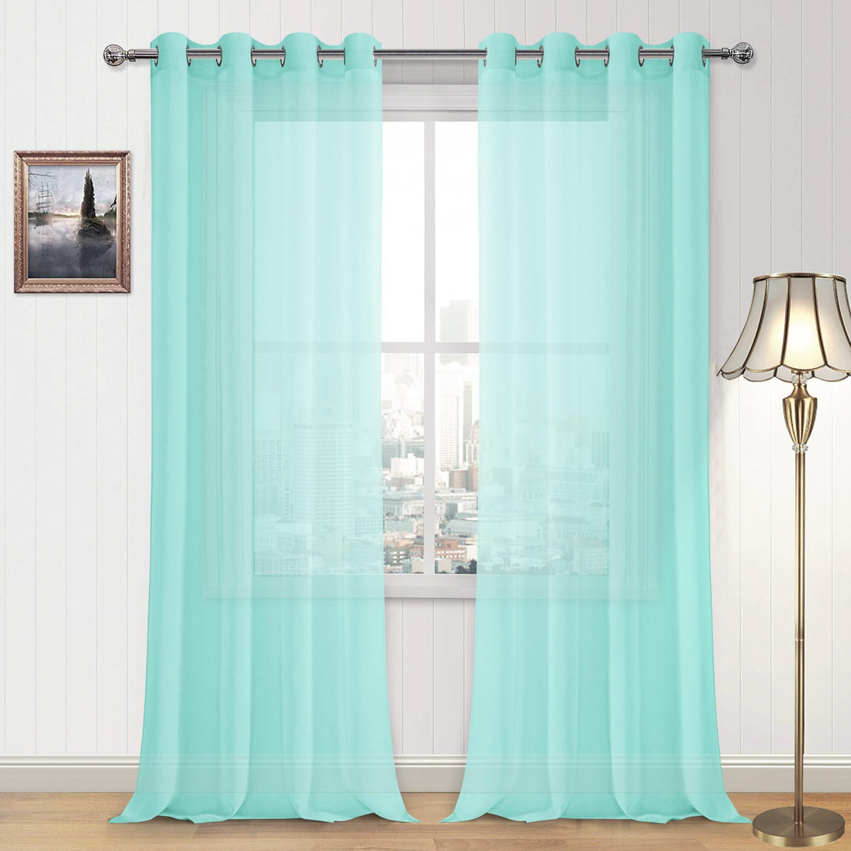 DWCN White Sheer Curtains Linen Look Semi Transparent Voile Grommet White Curtains for Living Dining Room Drapes 52 x 84 Inch Long, Set of 2 Panels