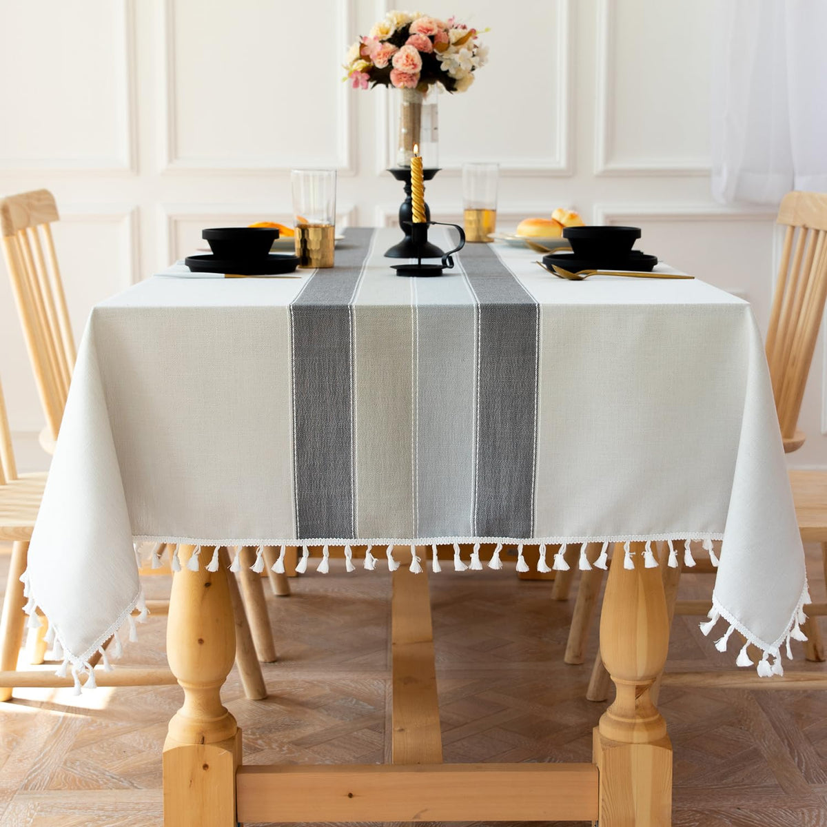 Laolitou Rustic Tablecloth Cotton Linen Waterproof Farmhouse Tablecloth Burlap Table Cloths for Kitchen Dining Cloth Table Cloth for Rectangle Tables Coffee Lines Rectangle,55''x70'',4-6 Seats