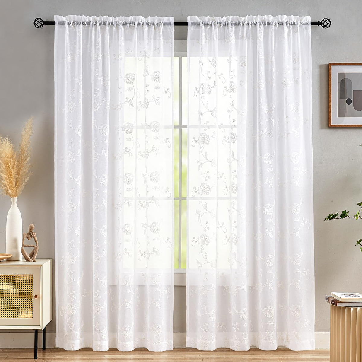MYSTIC-HOME Sheer Curtains White 63 Inch Length, Rod Pocket Voile Drapes for Living Room, Bedroom, Window Treatments Semi Crinkle Curtain Panels for Yard, Patio, Villa, Parlor, Set of 2, 52"x 63"