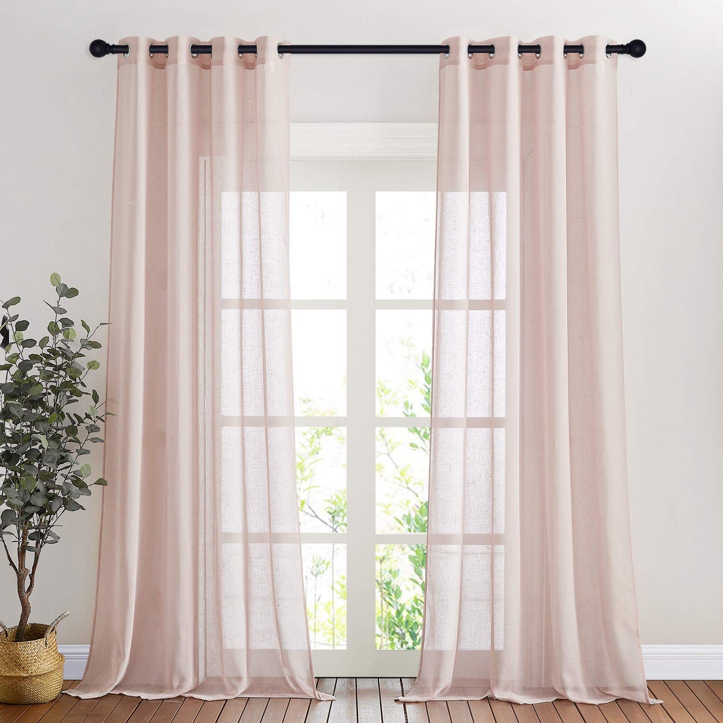 NICETOWN White Sheer Linen Curtains for Living Room 84 inch Length 2 Panels Set, Grommet Semi Sheer Privacy with Light Filtering Flax Window Treatments for Bedroom, W52 x L84