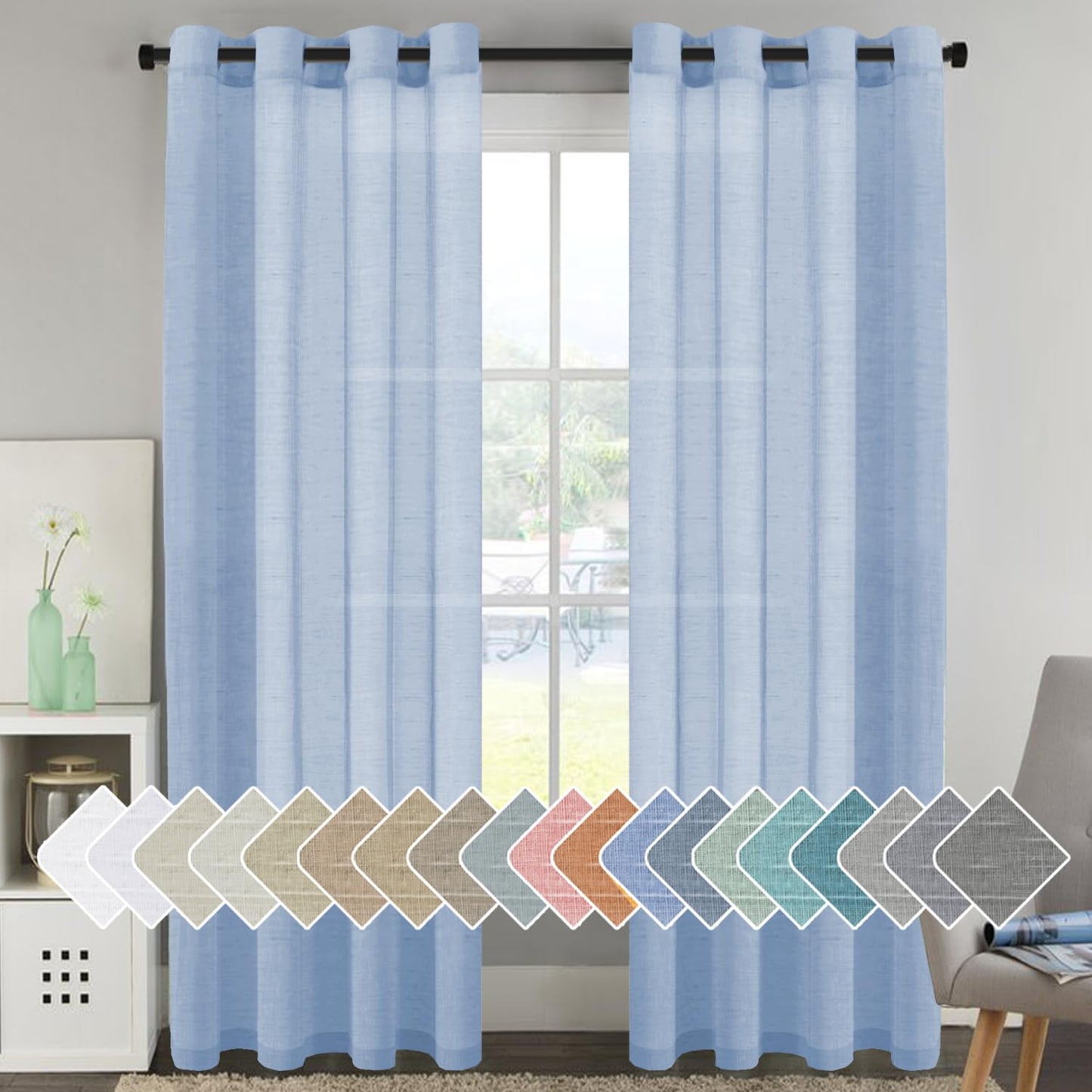 H.VERSAILTEX Natural Linen Sheer Curtains Flax Linen Blended Curtain Panels Living Room, Nickel Grommet Semitransparent Semi-Sheer Soft Privacy Drapes, Natural, 84 inches Long 2 Panels