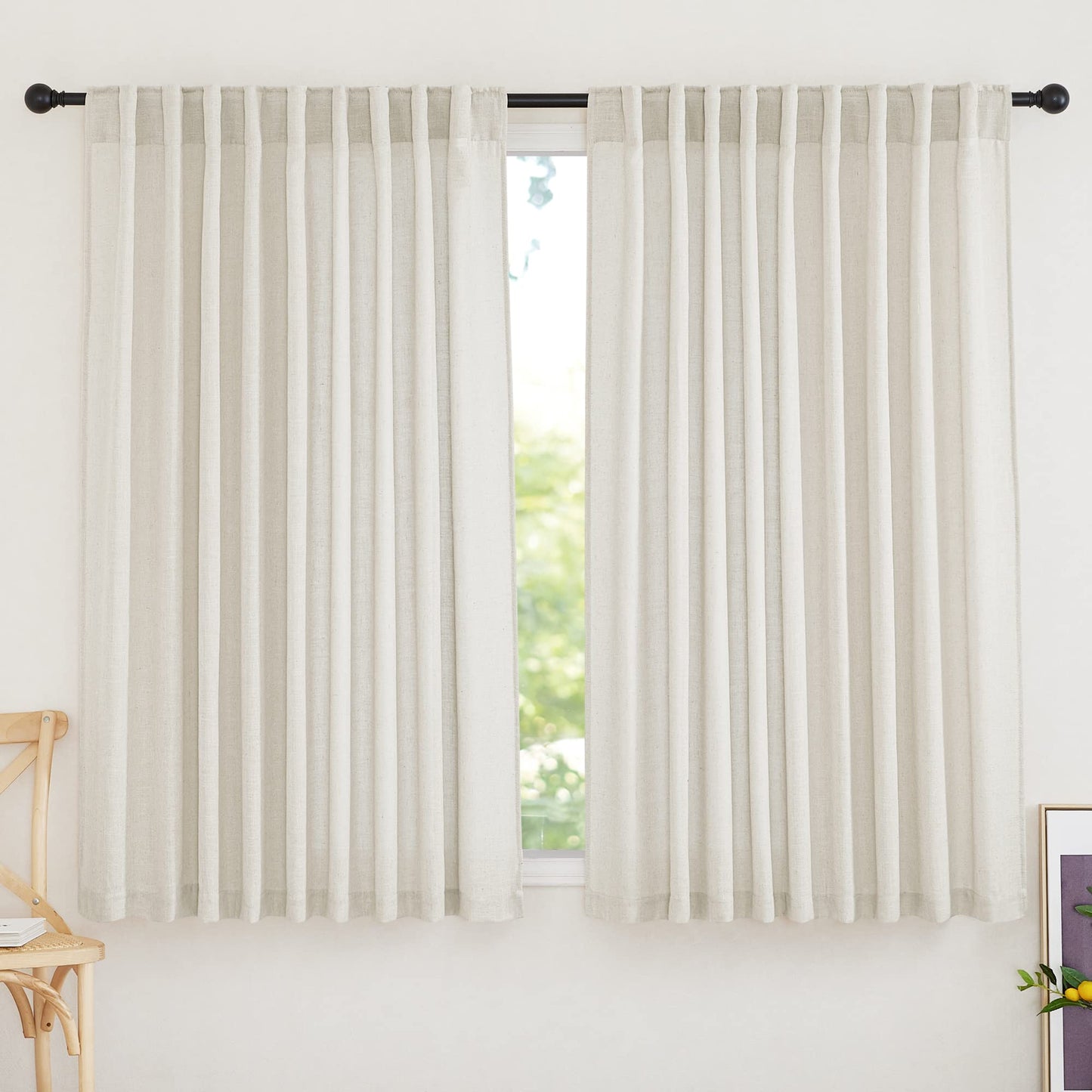 RYB HOME White Sheer Curtains for Living Room Patio Glass Door, W52 x L95 | Linen Texture, Light Filtering Privacy, Airy Translucent, Back Tab, Bedroom Office Balcony, W52 x L95, 2 Panels