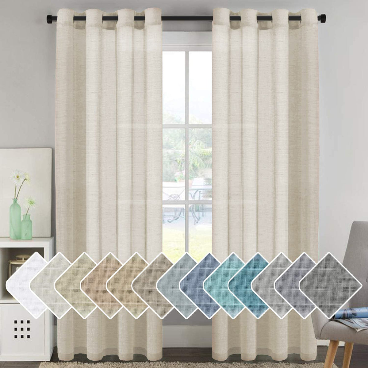 H.VERSAILTEX Natural Linen Sheer Curtains Flax Linen Blended Curtain Panels Living Room, Nickel Grommet Semitransparent Semi-Sheer Soft Privacy Drapes, Natural, 84 inches Long 2 Panels