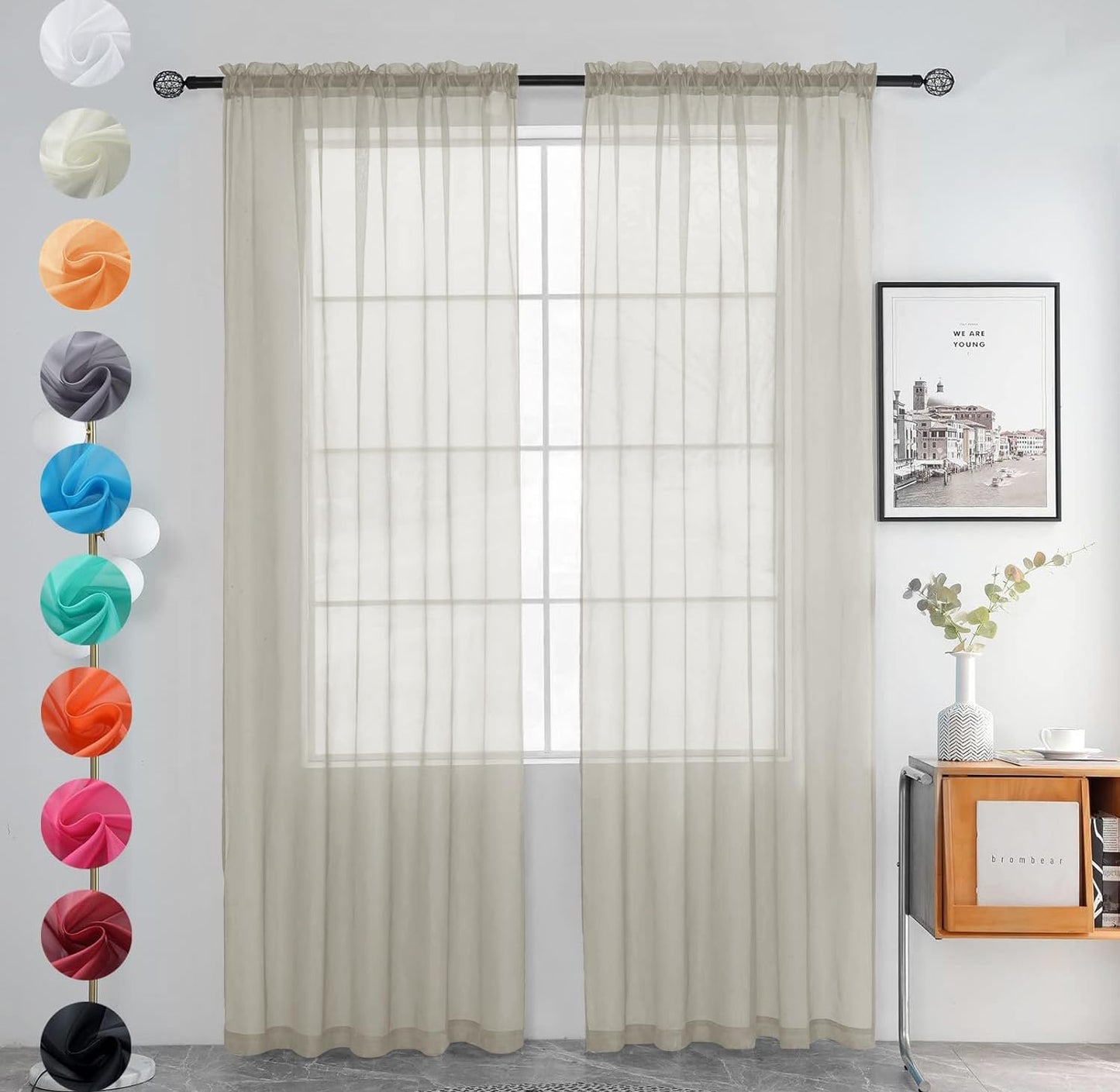 youleyar Solid Sheer Rod Pocket Curtain Voile Draperies 2 Panels White Beige Black Grey Coffee 52 Inch Width 84 Inch Long 1 Pair for Kitchen Bedroom Children Living Room Yard (Ivory,52W ｘ 84L)