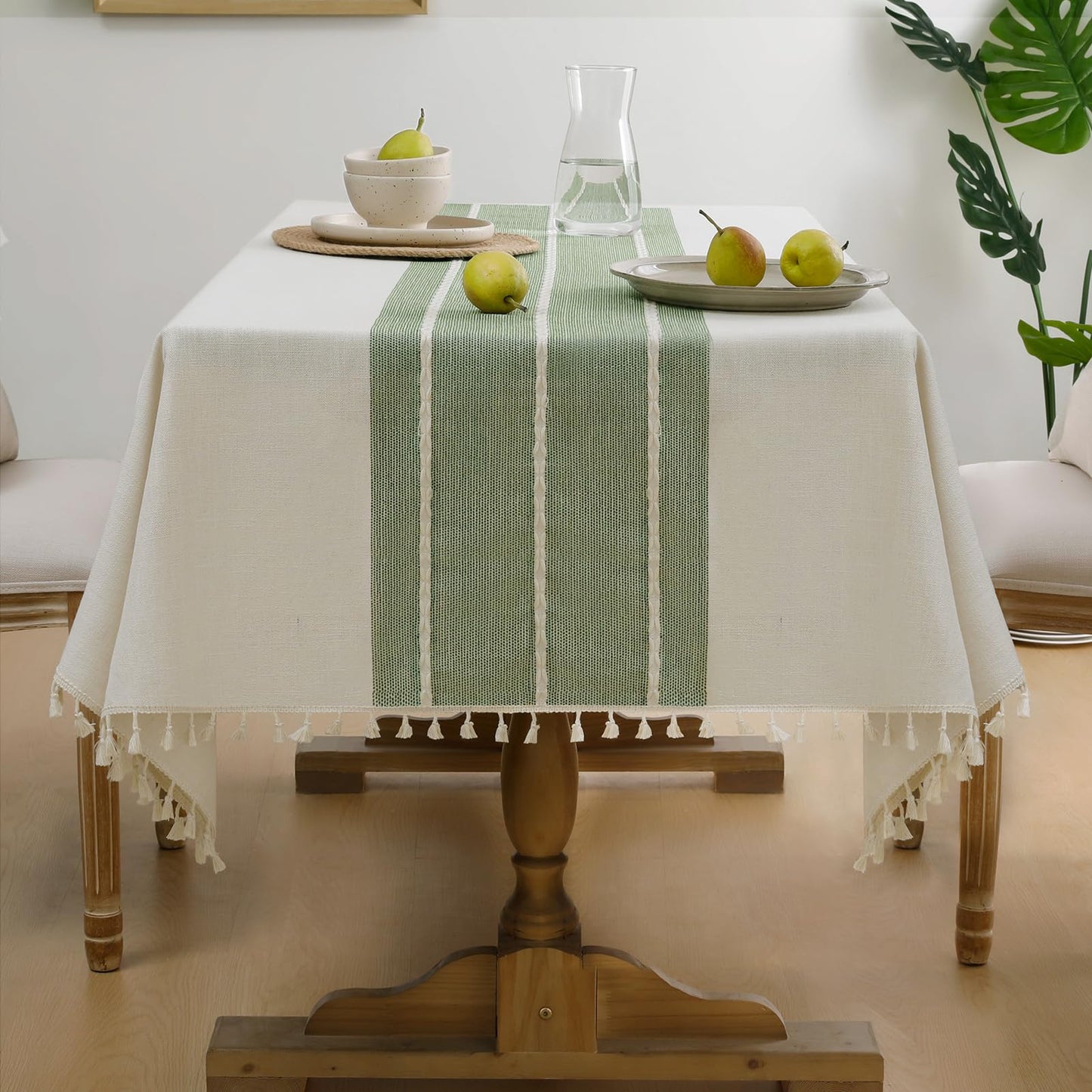 Softalker Outdoor Linen Tablecloth Rectangle, Waterproof Cotton Boho Farmhouse Table Cloths with Tassel, Heavy Weight Wrinkle Free Table Cover for Picnic Camping Dining - 55 x 70 Inch, Coffee Lines