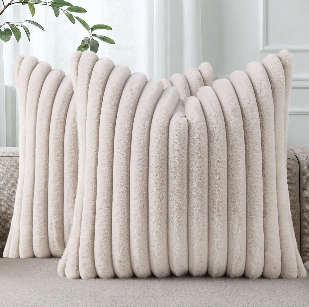 Pallene Faux Fur Decorative Throw Pillow Covers 18x18 Set of 2, Cream White | Luxury Plush Texture, Striped Design, Cozy Soft Touch, Modern Home Accent Decor for Couch, Sofa, Bed, Living Room
