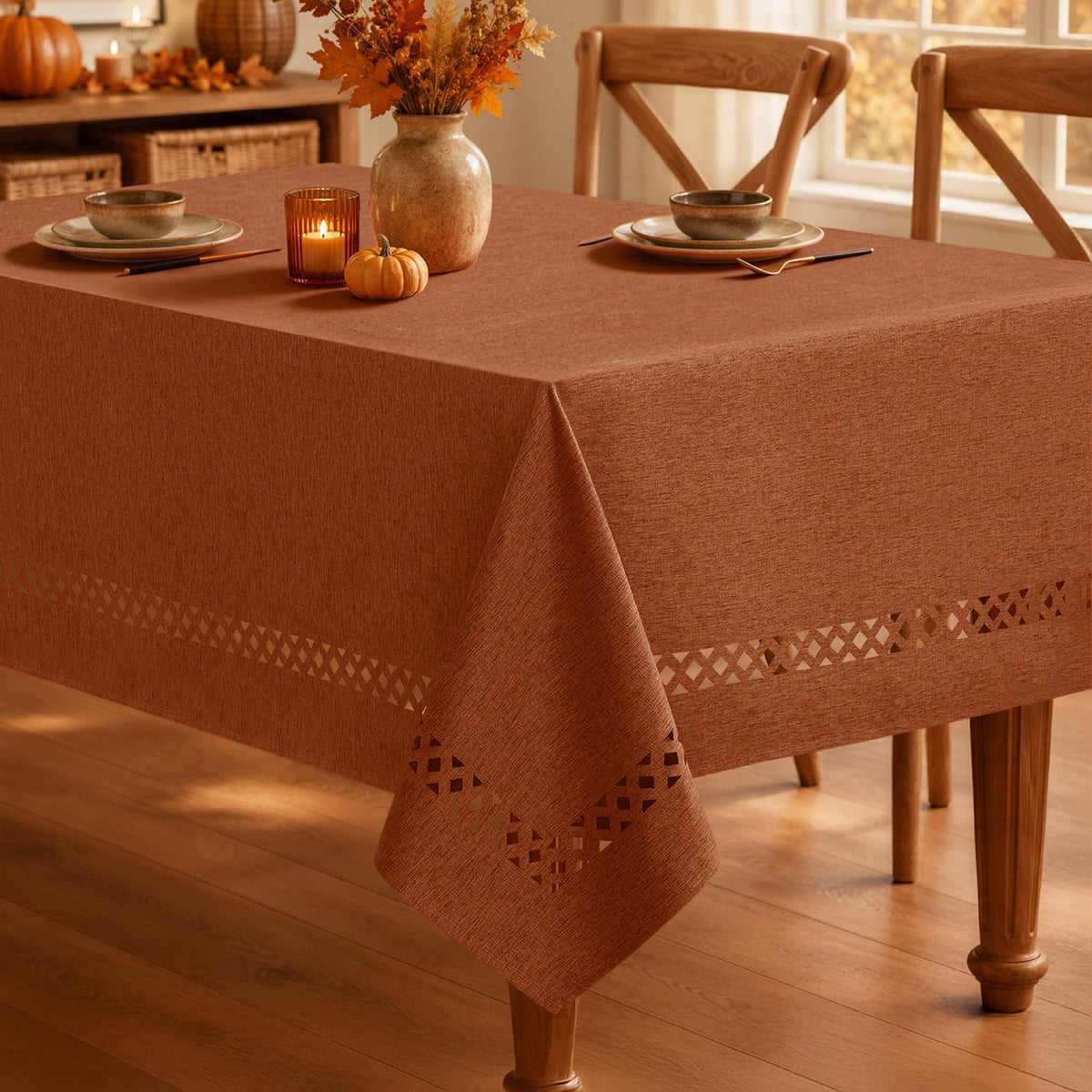 MIULEE Beige Rectangle Tablecloth with Decorative Cutouts 52x70 Inch | Waterproof Stain Resistant & Shrink-Proof Table Cloth, Farmhouse Style, for Dining Wedding Kitchen Party Outdoor