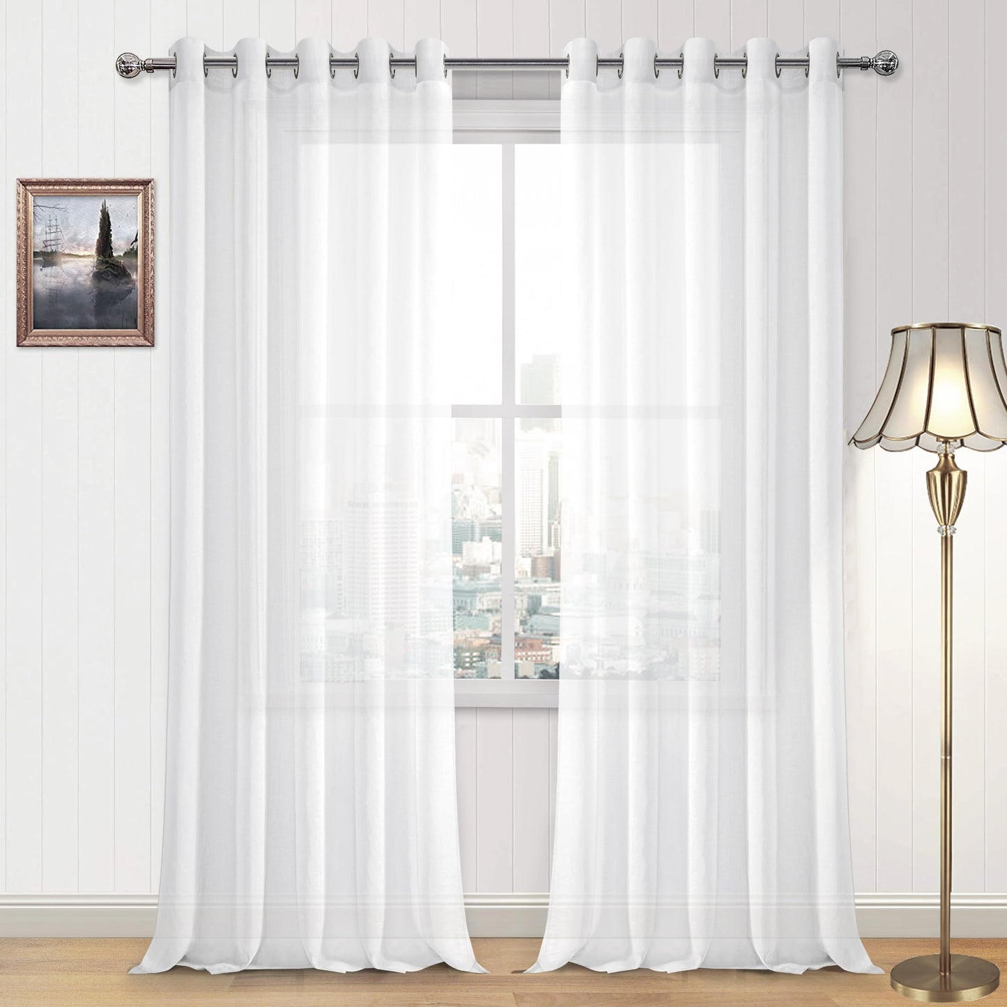 DWCN White Sheer Curtains Linen Look Semi Transparent Voile Grommet White Curtains for Living Dining Room Drapes 52 x 84 Inch Long, Set of 2 Panels