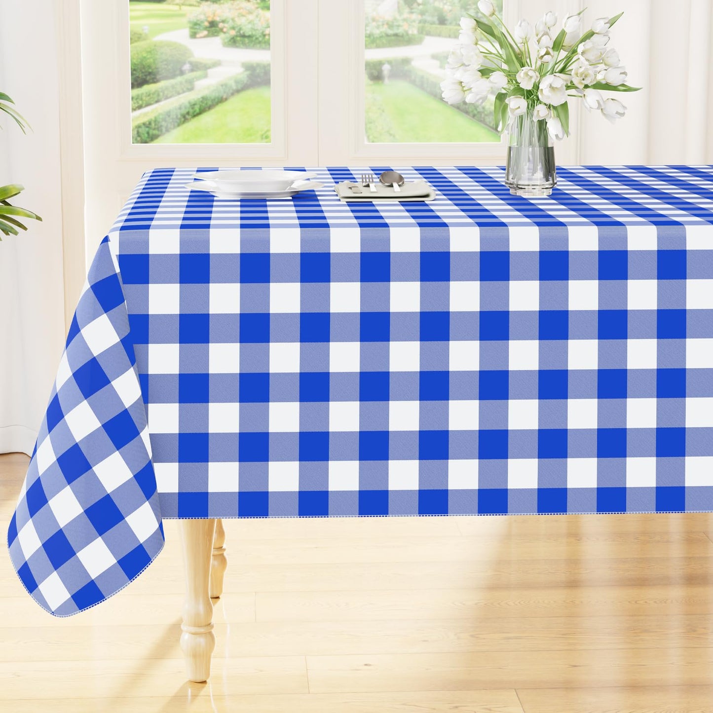 Smiry Picnic Table Cloth, Vinyl Tablecloths with Flannel Backing, 60"x84" | Waterproof Rectangle Table Cloth, Wipeable Buffalo Plaid Table Cover for Indoor and Outdoor (Khaki & White)