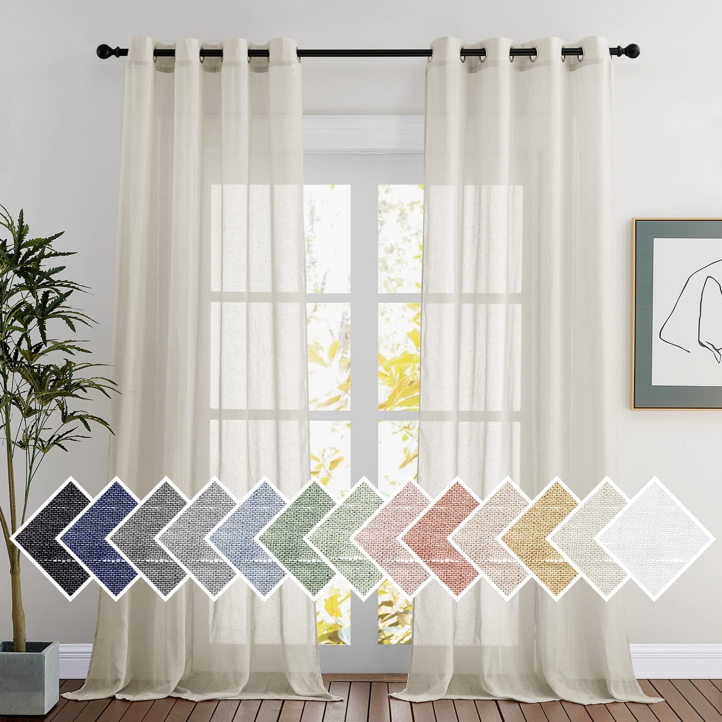 NICETOWN White Sheer Linen Curtains for Living Room 84 inch Length 2 Panels Set, Grommet Semi Sheer Privacy with Light Filtering Flax Window Treatments for Bedroom, W52 x L84