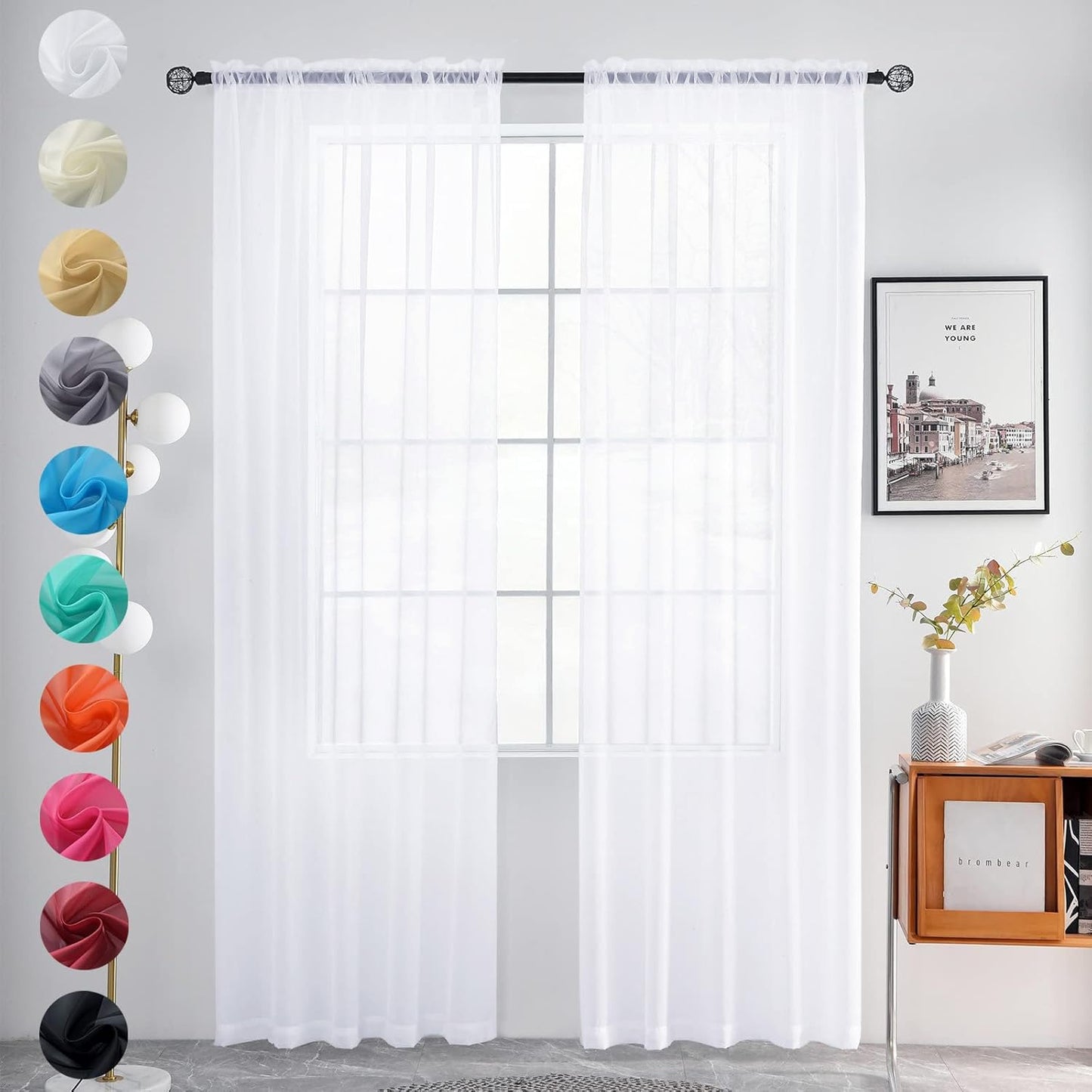 youleyar Solid Sheer Rod Pocket Curtain Voile Draperies 2 Panels White Beige Black Grey Coffee 52 Inch Width 84 Inch Long 1 Pair for Kitchen Bedroom Children Living Room Yard (Ivory,52W ｘ 84L)