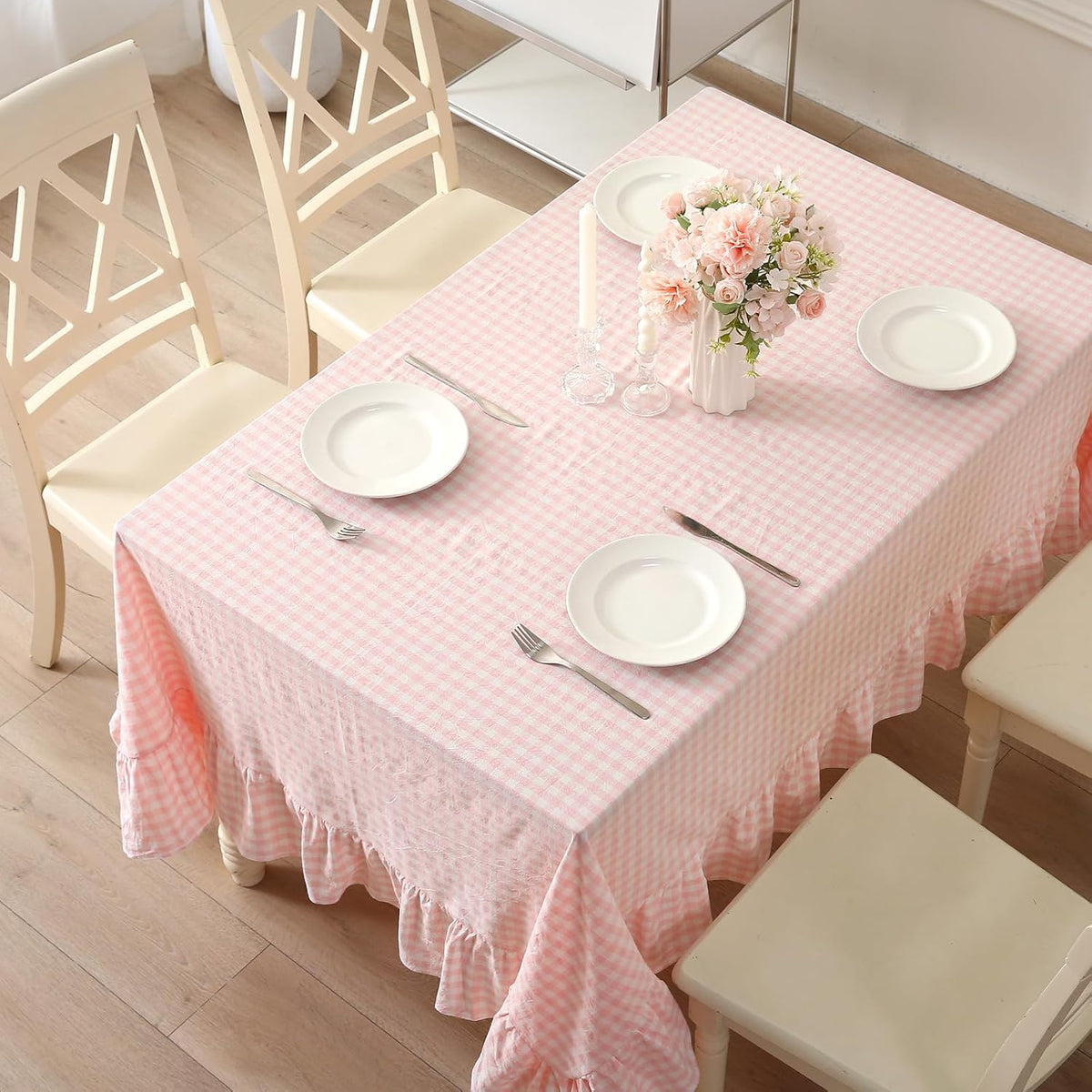 Blush White Gingham Ruffled Table Cloth Rectangular 120“x60” | 100% Washed Cotton, for Seat 8-10, Buffet Picnic Baby Shower Party Tablecloth, Decorative Checker Plaid Farmhouse Table Cover