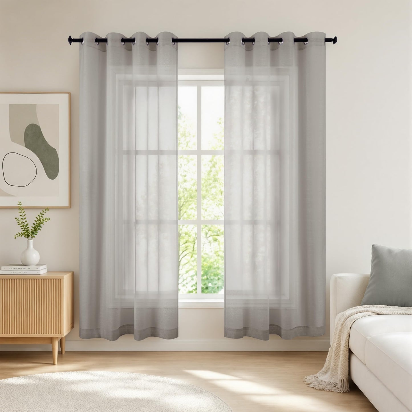 White Sheer Curtains 84 Inches Long Set 2 Panels Grommet Pair Faux Linen Semi Transparent Drape Tulle Gauze Voile Window Sheer Curtains for Bedroom Living Room Dining Wide 52 Length Solid Pack