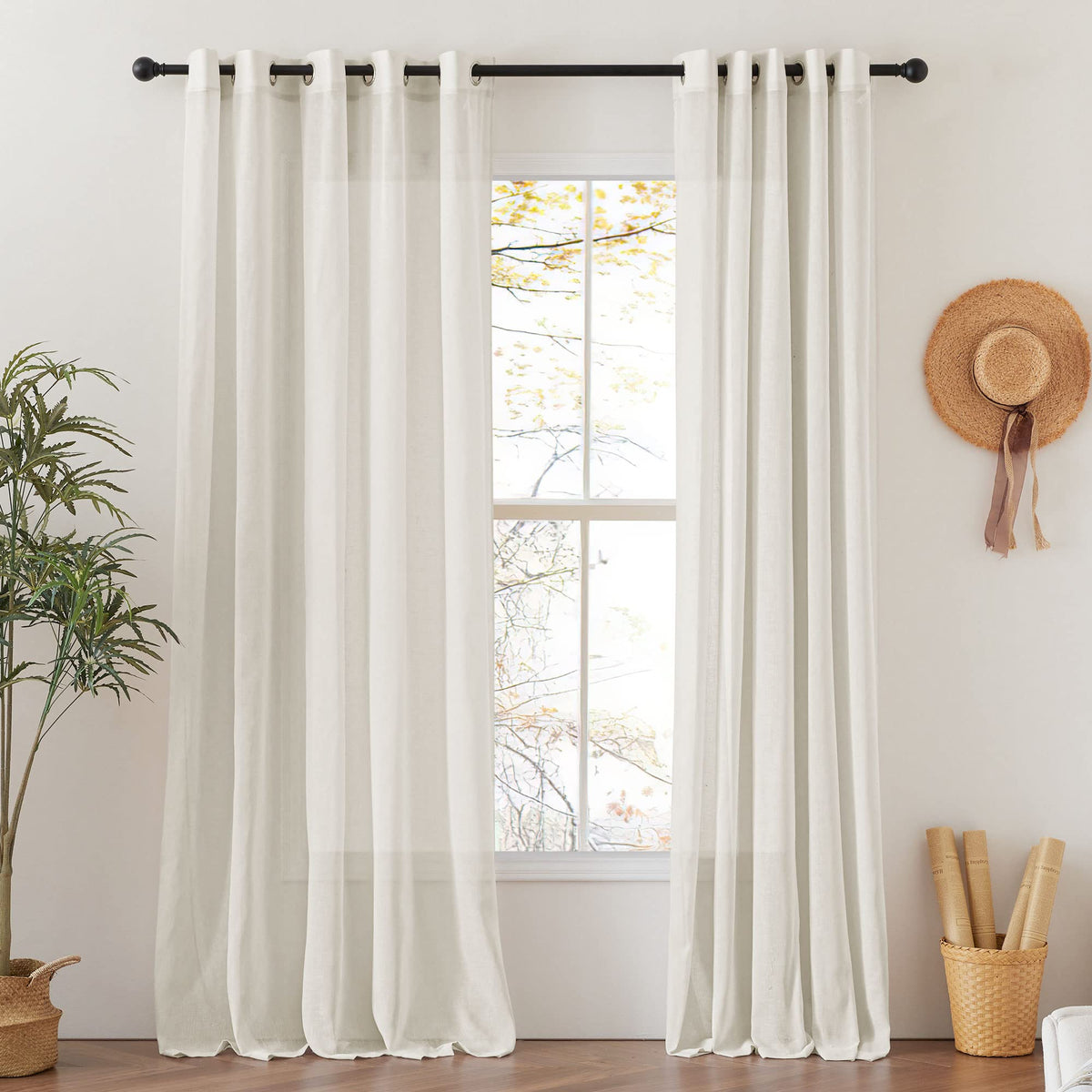 NICETOWN White Sheer Linen Curtains for Living Room 84 inch Length 2 Panels Set, Grommet Semi Sheer Privacy with Light Filtering Flax Window Treatments for Bedroom, W52 x L84