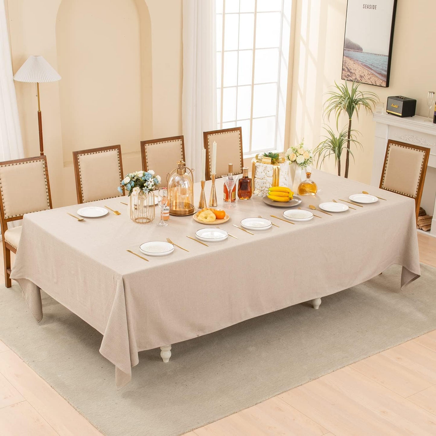 BALCONY & FALCON Rectangle Table Cloth Waterproof Beige 156"x90" | Rectangular Washable Wrinkle Resistant Table Cloth Linen Fabric Tablecloths for Dining Party Kitchen Wedding and Outdoor Use