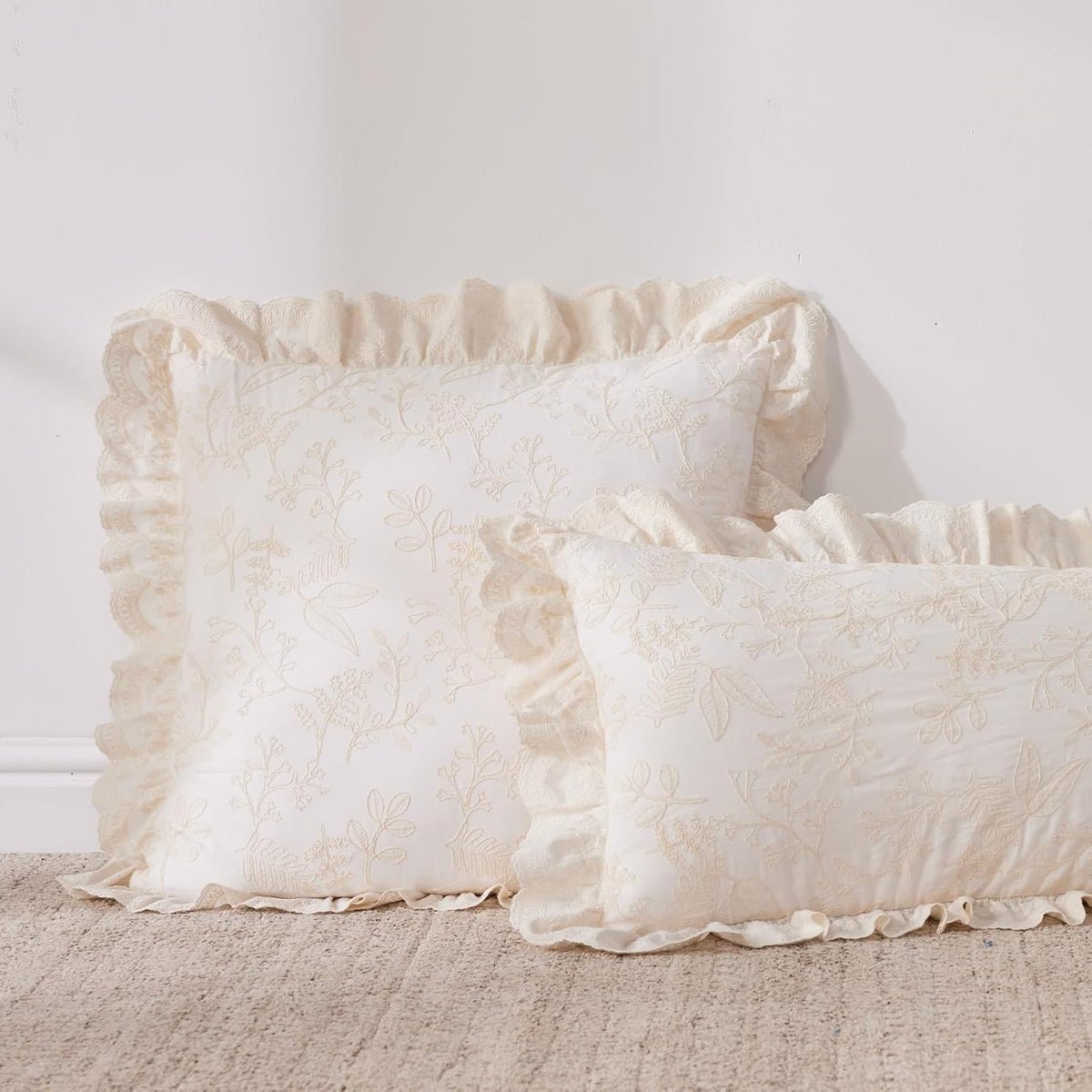 HAUSFRAU 18x18 Throw Pillow Covers Pillowcase Set of 2, French Style Cream | Floral Embroidered & Lace Ruffle Trim Chic Decorative Square Pillowcase Pillow Sham for Sofa, Couch, Wedding, Square
