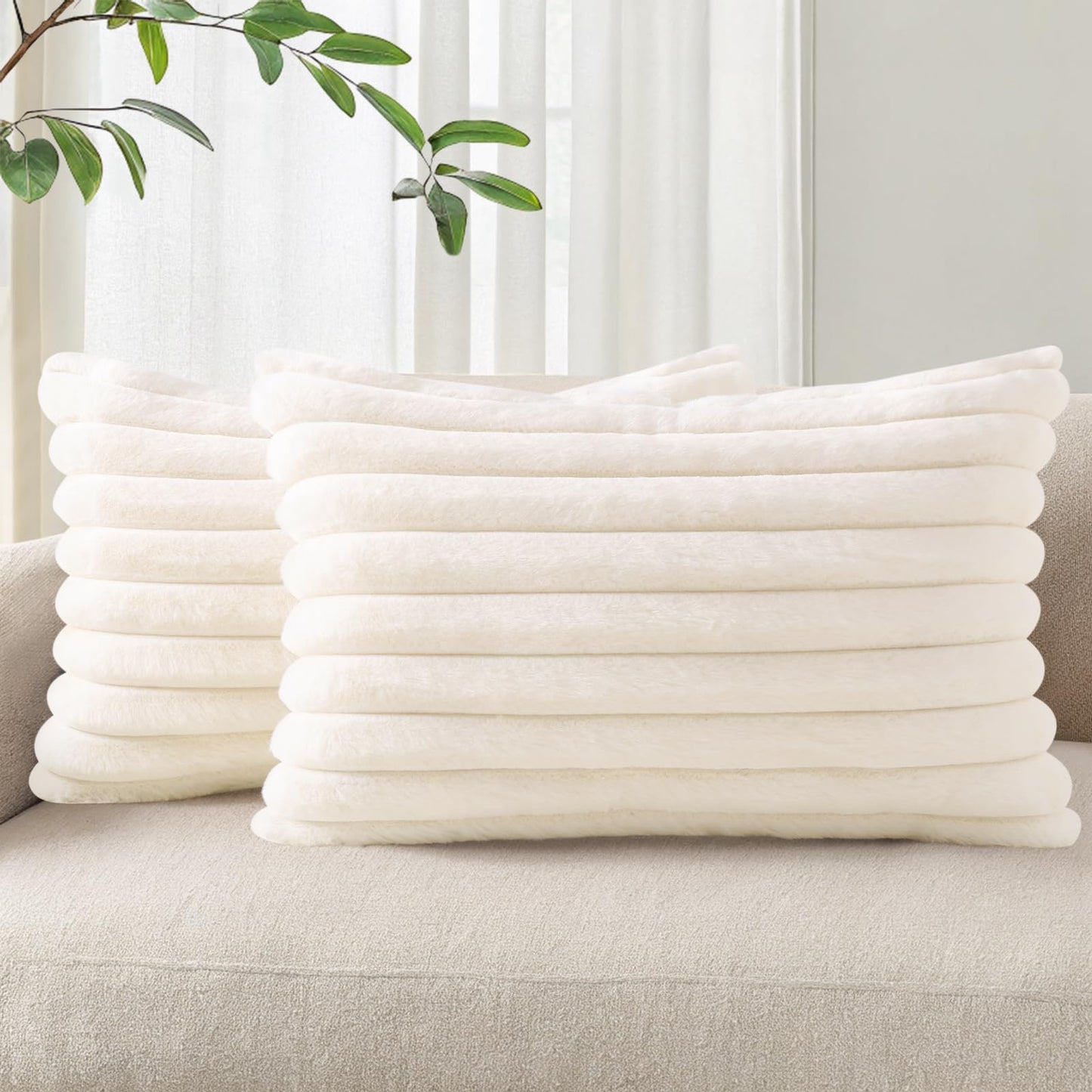 Pallene Faux Fur Decorative Throw Pillow Covers 18x18 Set of 2, Cream White | Luxury Plush Texture, Striped Design, Cozy Soft Touch, Modern Home Accent Decor for Couch, Sofa, Bed, Living Room