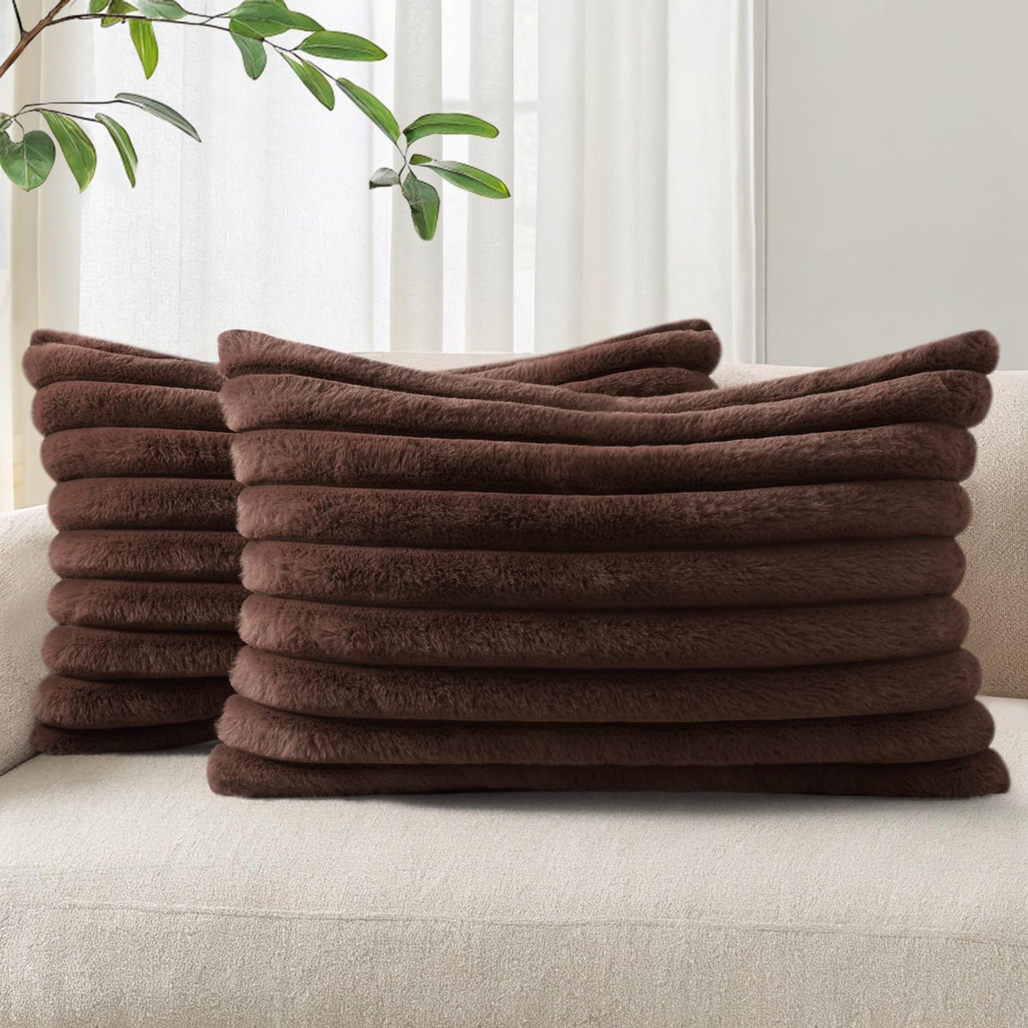 Pallene Faux Fur Decorative Throw Pillow Covers 18x18 Set of 2, Cream White | Luxury Plush Texture, Striped Design, Cozy Soft Touch, Modern Home Accent Decor for Couch, Sofa, Bed, Living Room