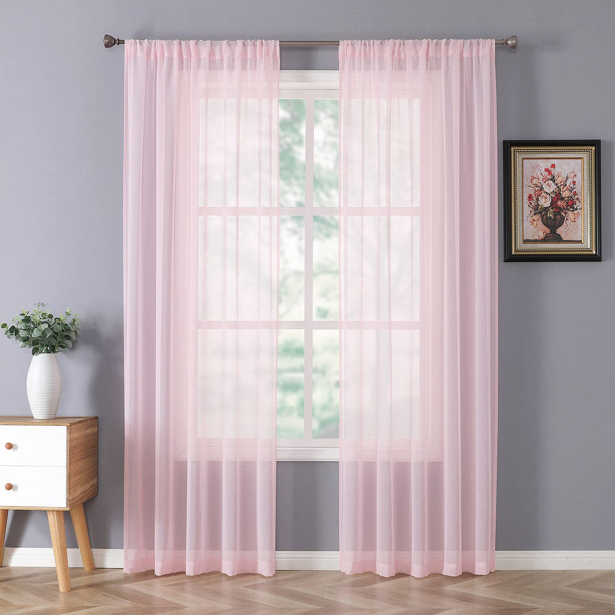 Tollpiz Sheer Curtains Living Room Linen Textured Curtain Sheers Light Filtering Voile Rod Pocket Curtains for Bedroom, 38 x 63 inches Long, White, Set of 2 Panels