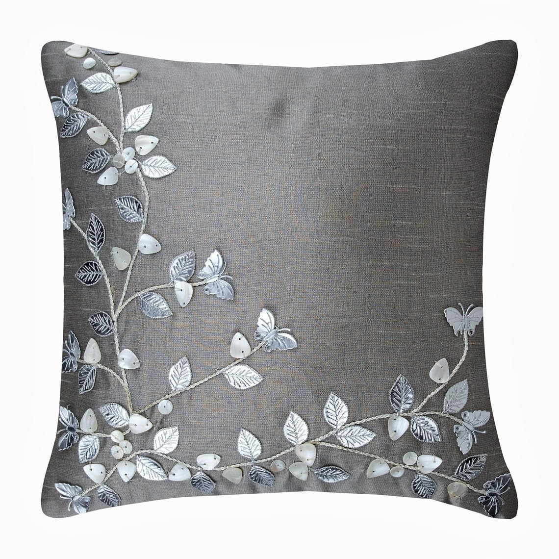 HomeCentric Silver Faux Leather Pearl Leaves Pillow, 24x24 inch, Silk, Contemporary Floral - Silver Beauty