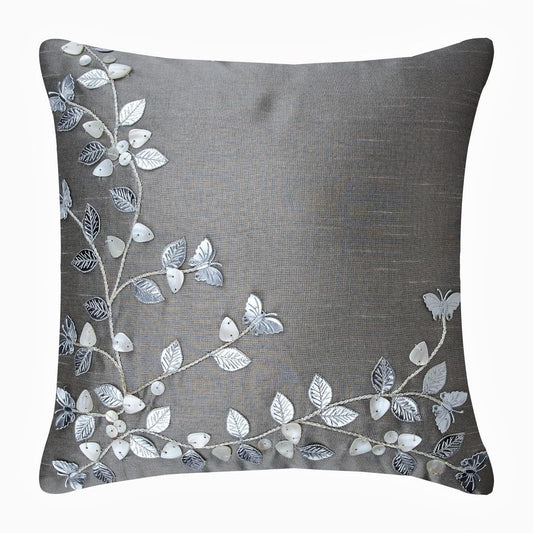 HomeCentric Silver Faux Leather Pearl Leaves Pillow, 24x24 inch, Silk, Contemporary Floral - Silver Beauty