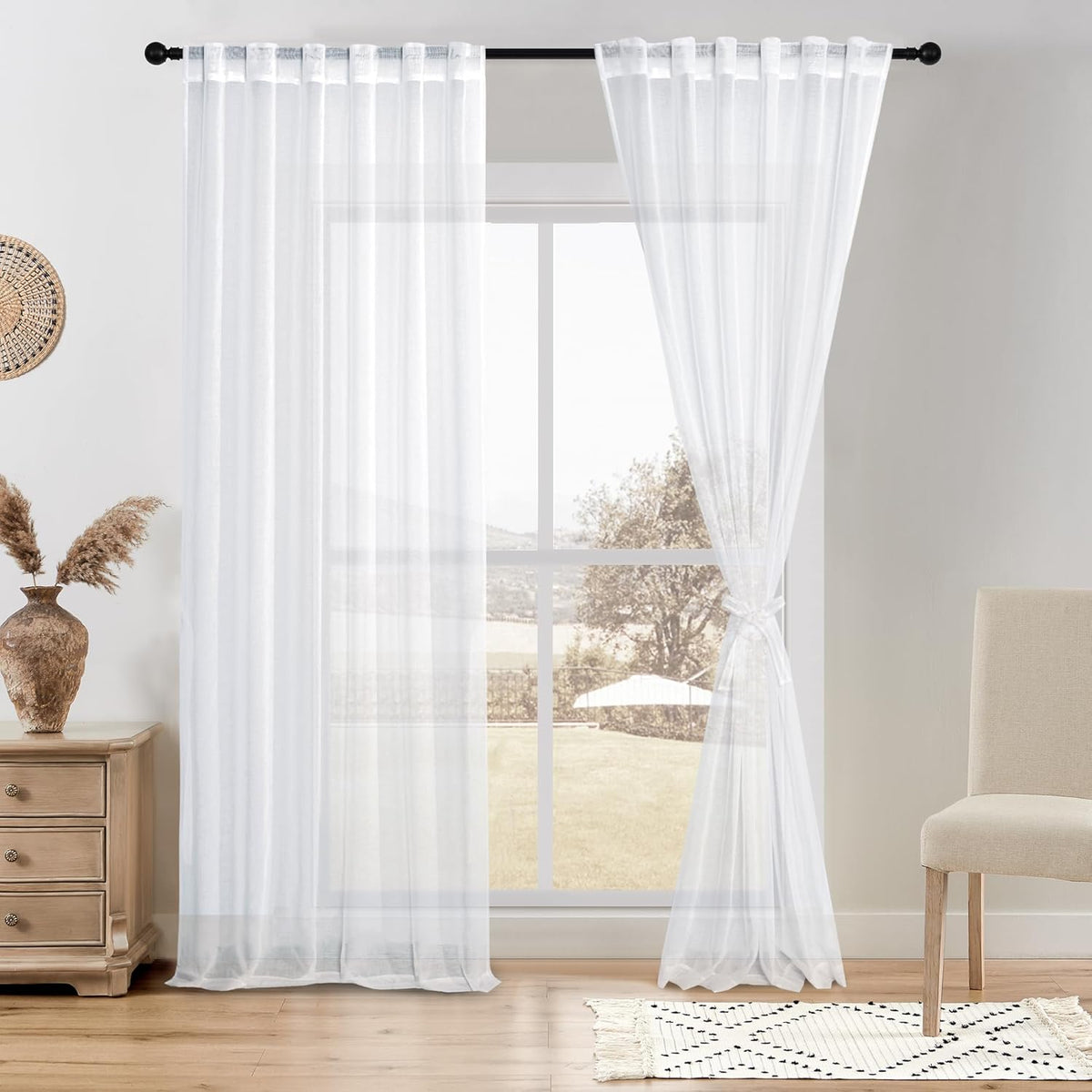 DWCN White Faux Linen Sheer Curtains, 2 Panels, 52x84 Inch | Faux Linen Textured Curtains with Rod Pocket & Back Tab, Semi Voile Light Airy Gauzy Privacy Drapes for Living Room Bedroom