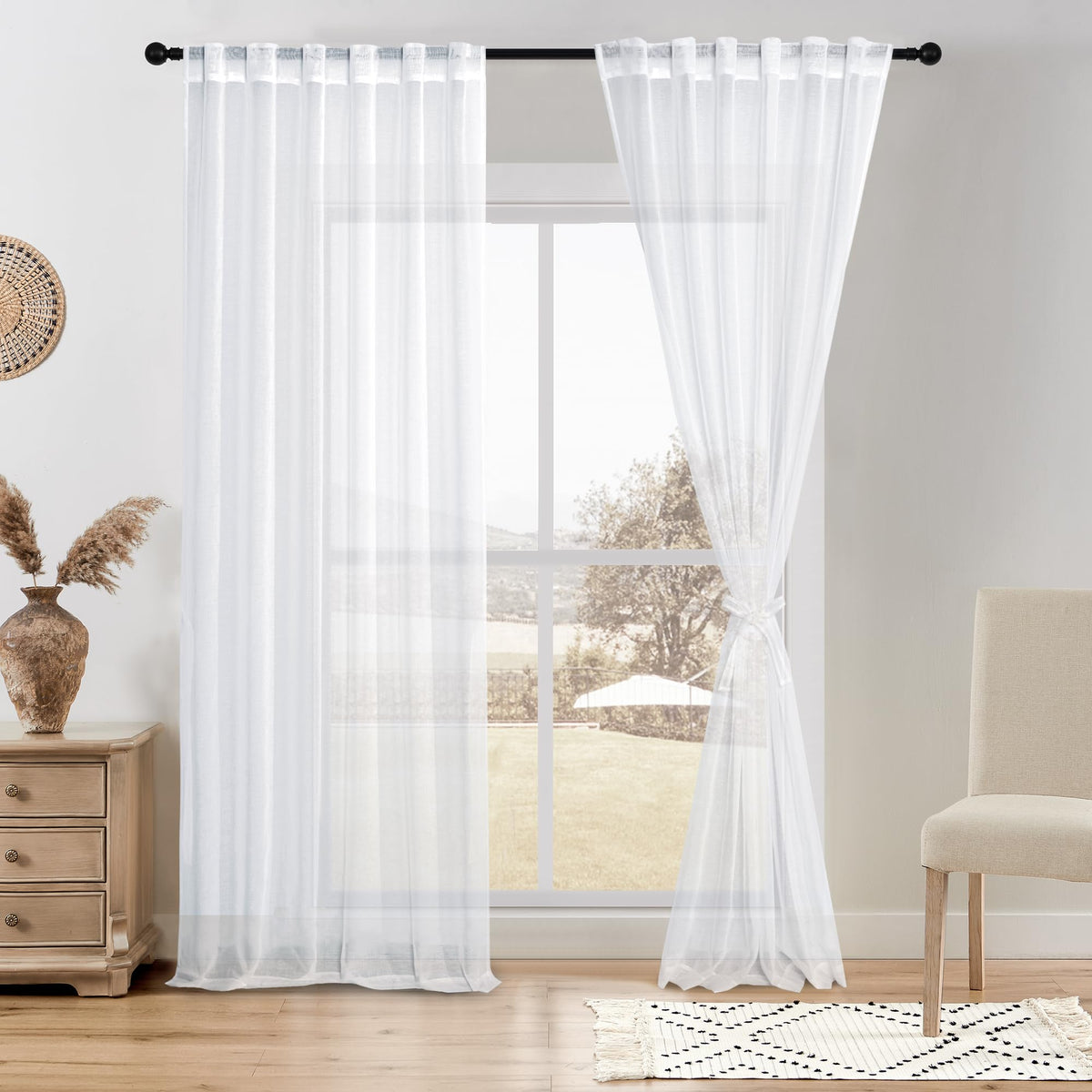 DWCN White Faux Linen Sheer Curtains, 2 Panels, 52x84 Inch | Faux Linen Textured Curtains with Rod Pocket & Back Tab, Semi Voile Light Airy Gauzy Privacy Drapes for Living Room Bedroom