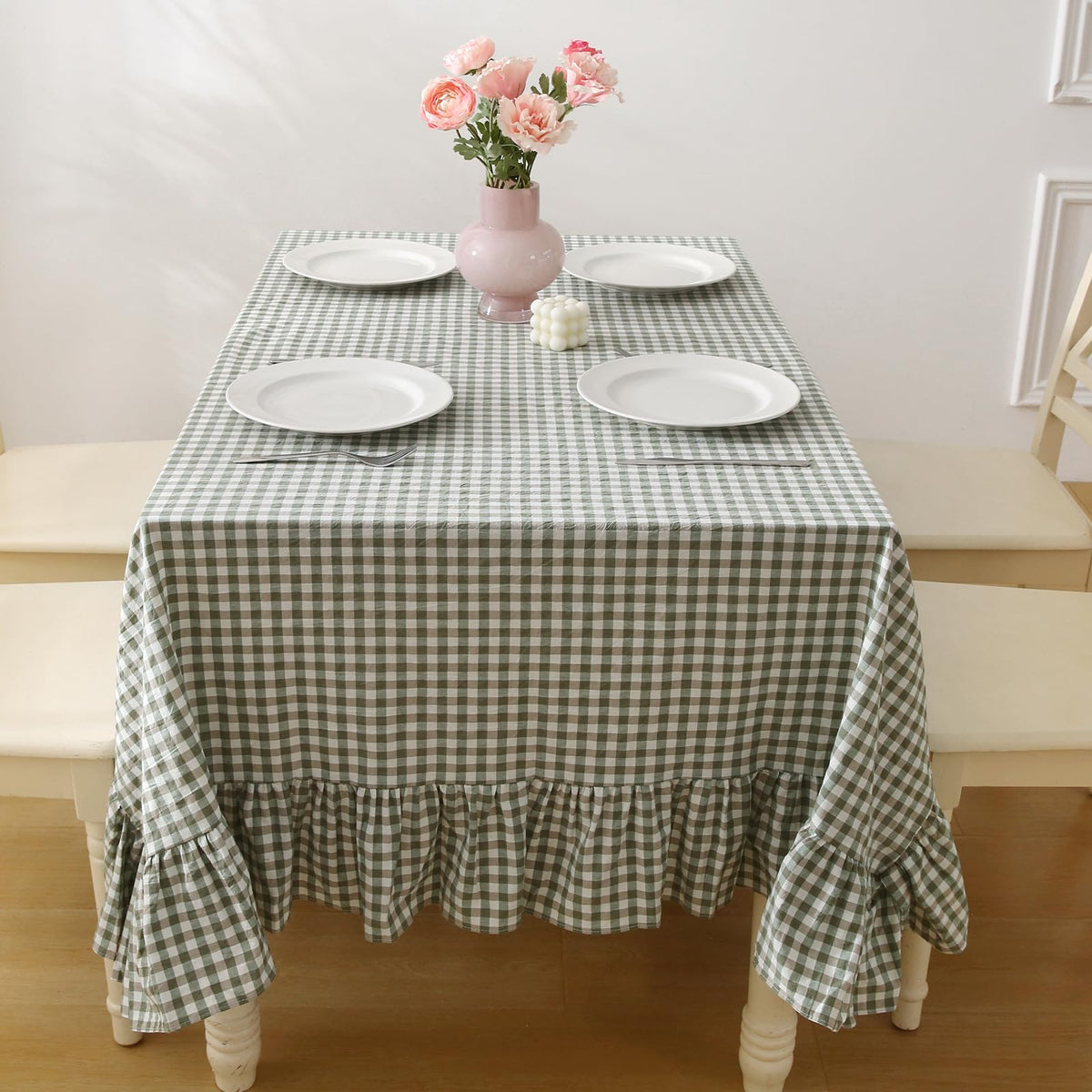 Blush White Gingham Ruffled Table Cloth Rectangular 120“x60” | 100% Washed Cotton, for Seat 8-10, Buffet Picnic Baby Shower Party Tablecloth, Decorative Checker Plaid Farmhouse Table Cover