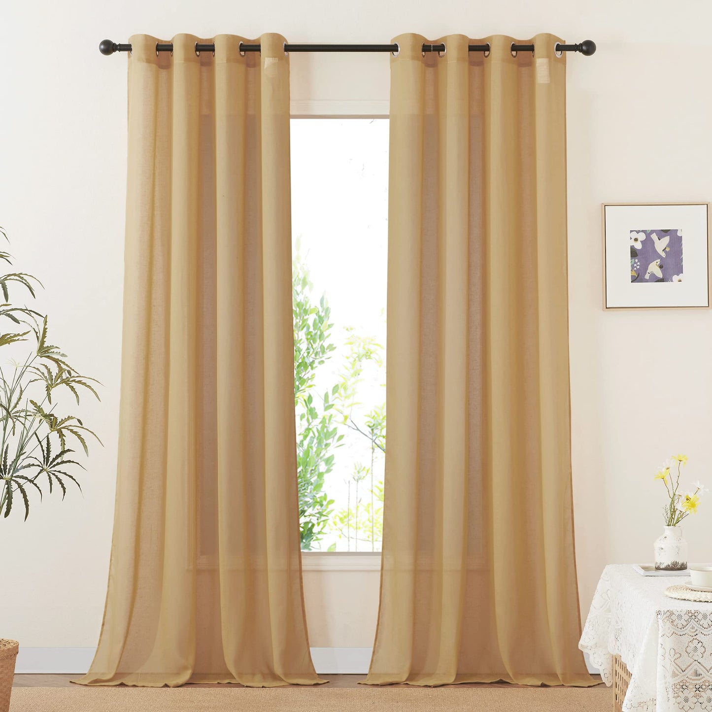 NICETOWN White Sheer Linen Curtains for Living Room 84 inch Length 2 Panels Set, Grommet Semi Sheer Privacy with Light Filtering Flax Window Treatments for Bedroom, W52 x L84